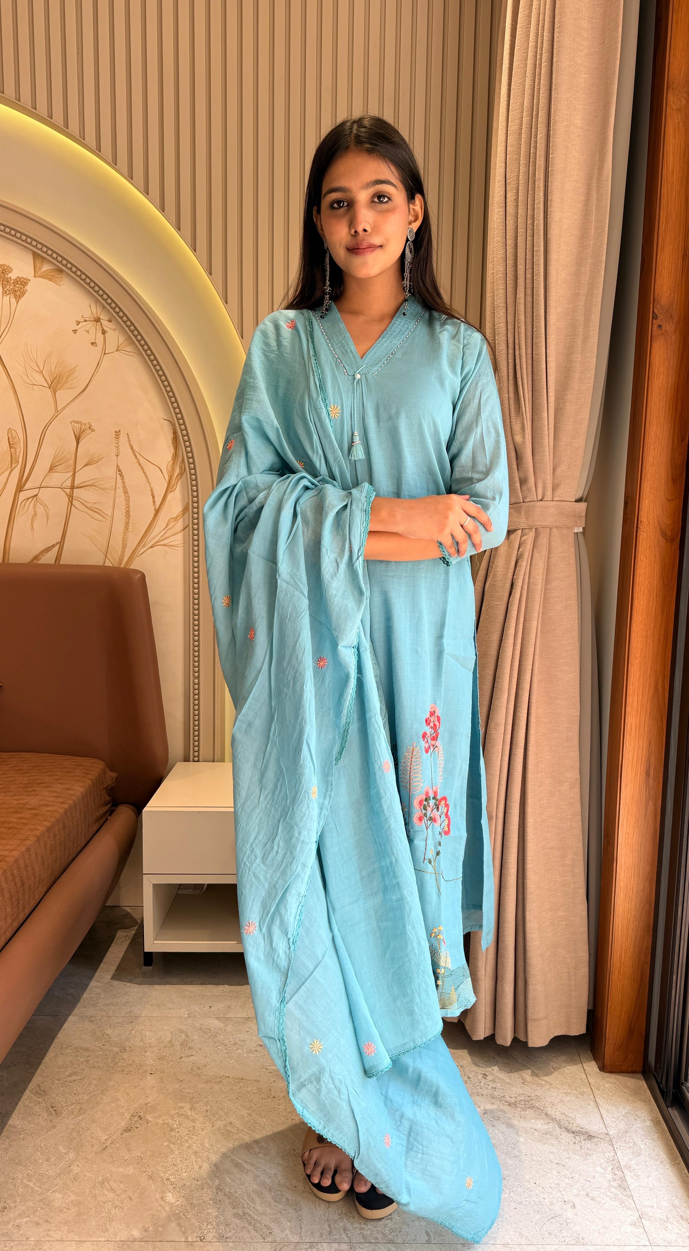 Sky blue mul cotton suit set