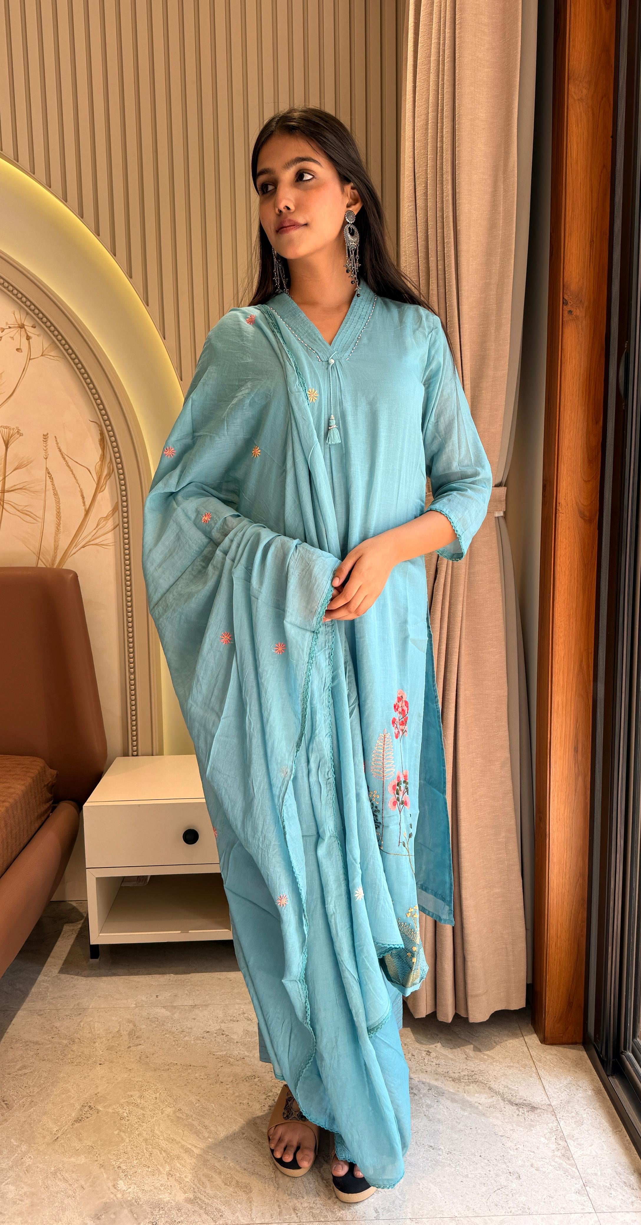Sky blue mul cotton suit set