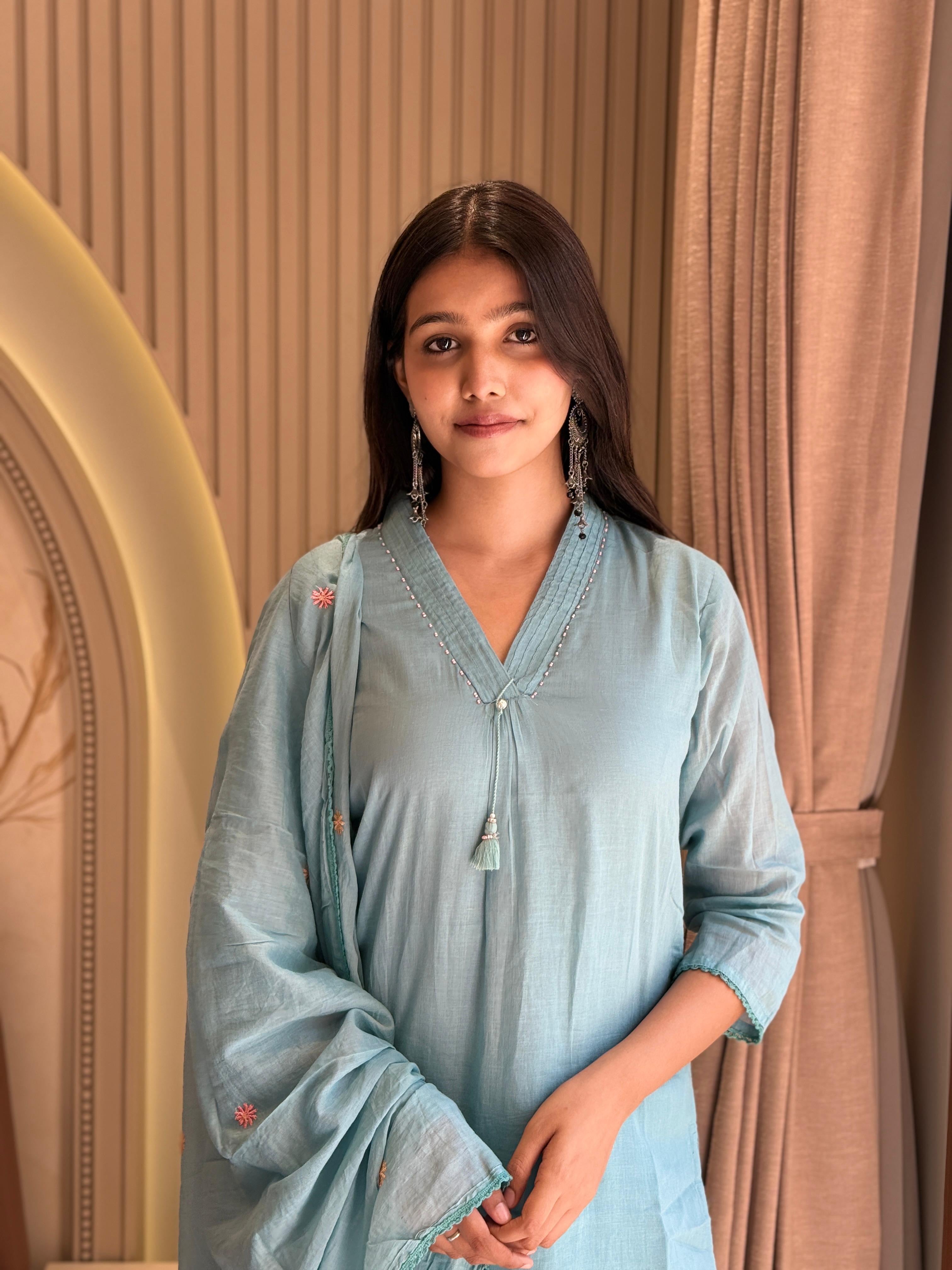 Sky blue mul cotton suit set