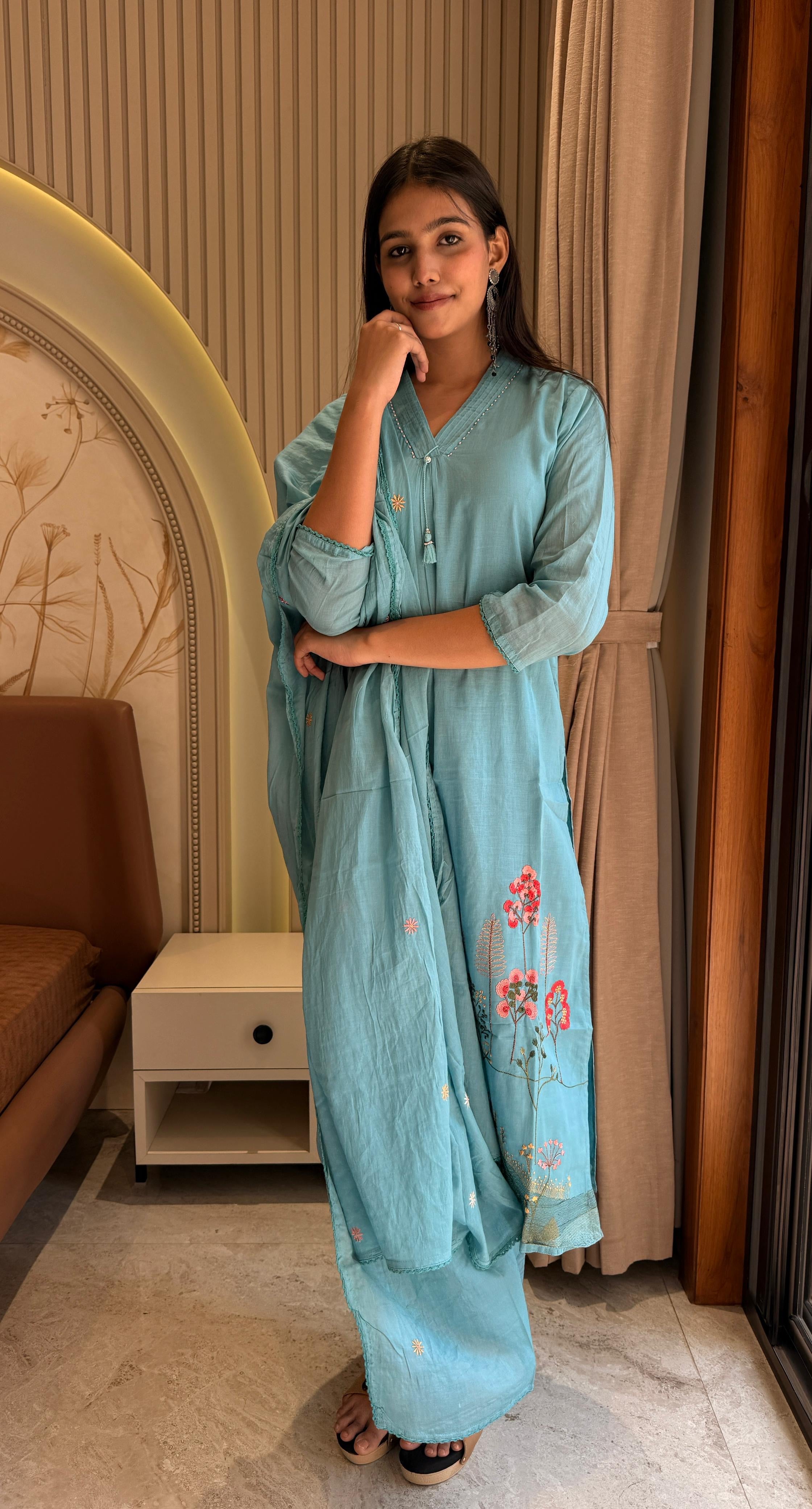 Sky blue mul cotton suit set