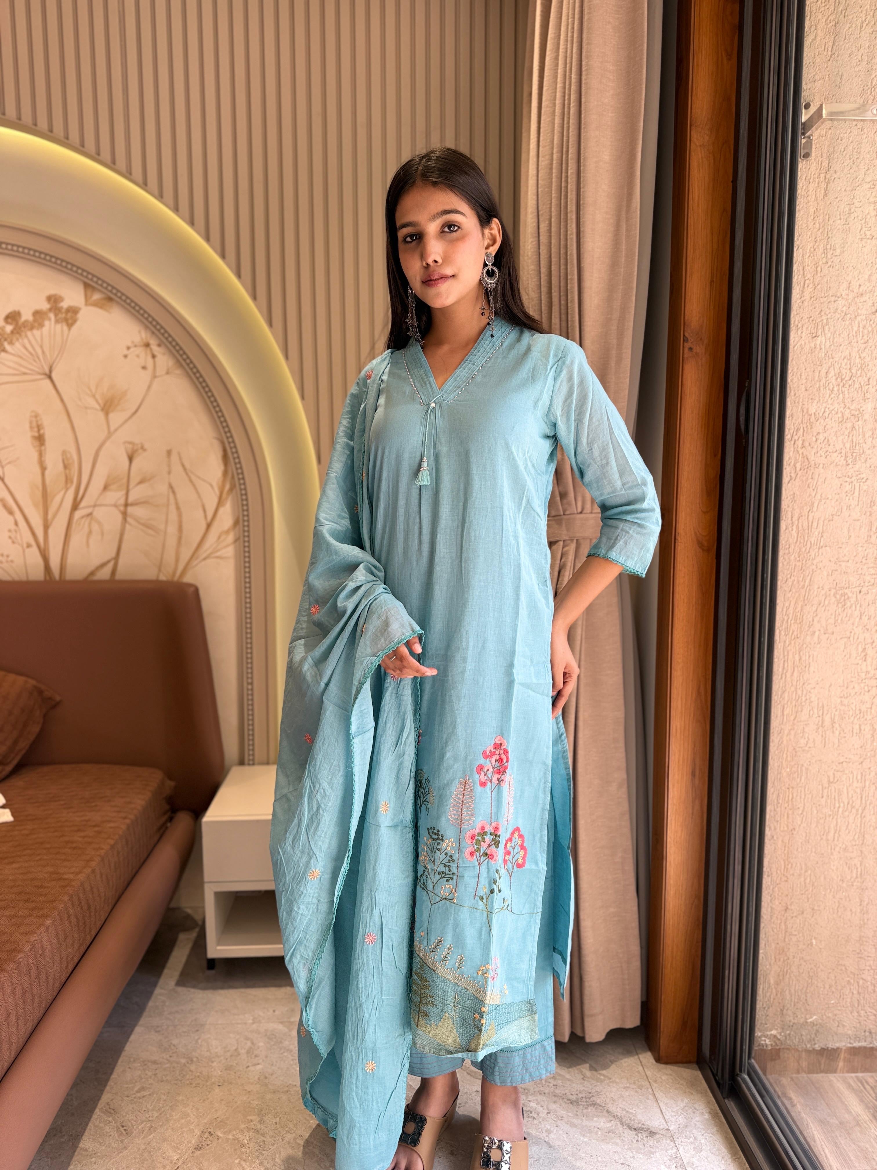 Sky blue mul cotton suit set