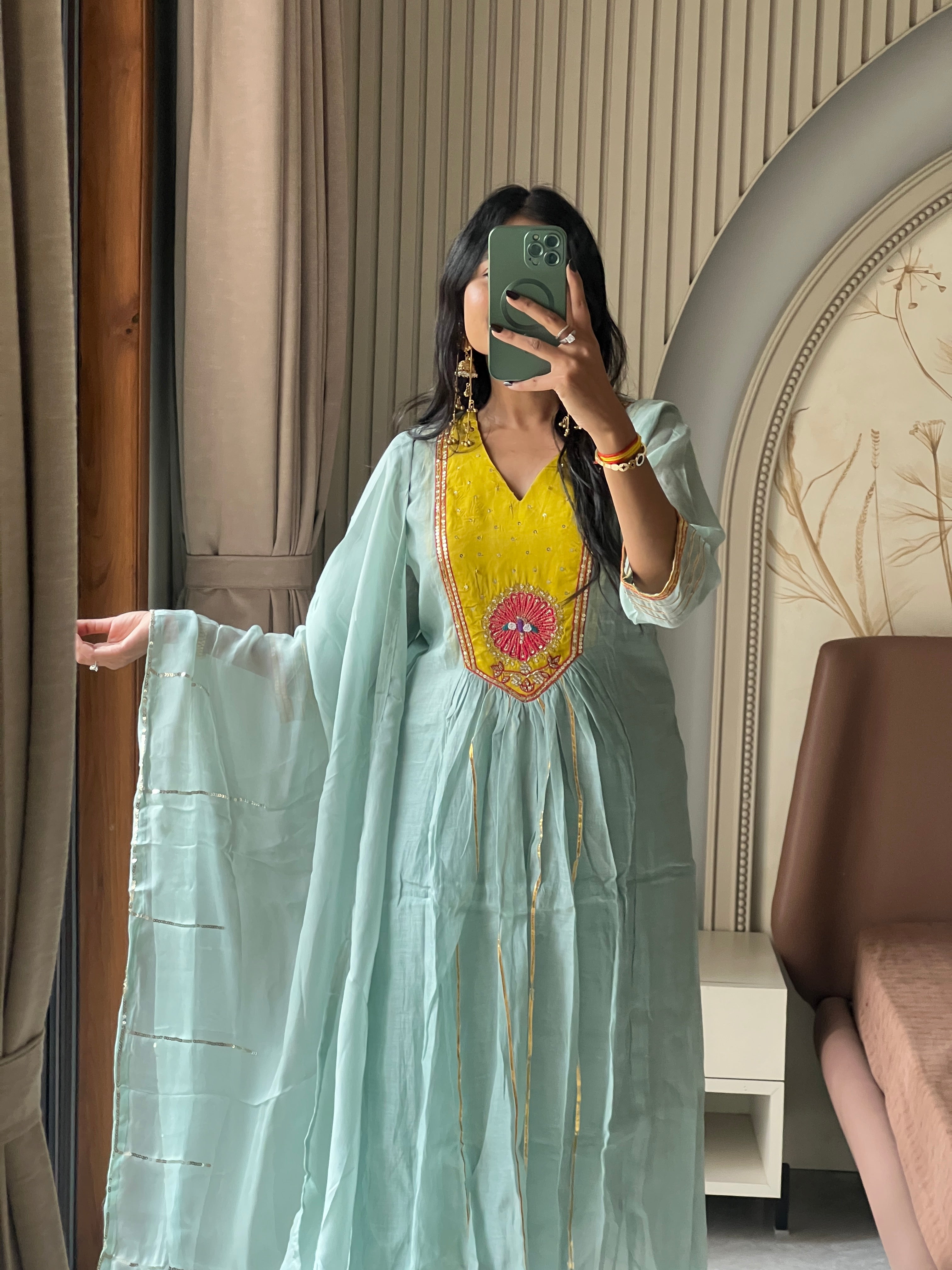 Sky and yellow kurti set