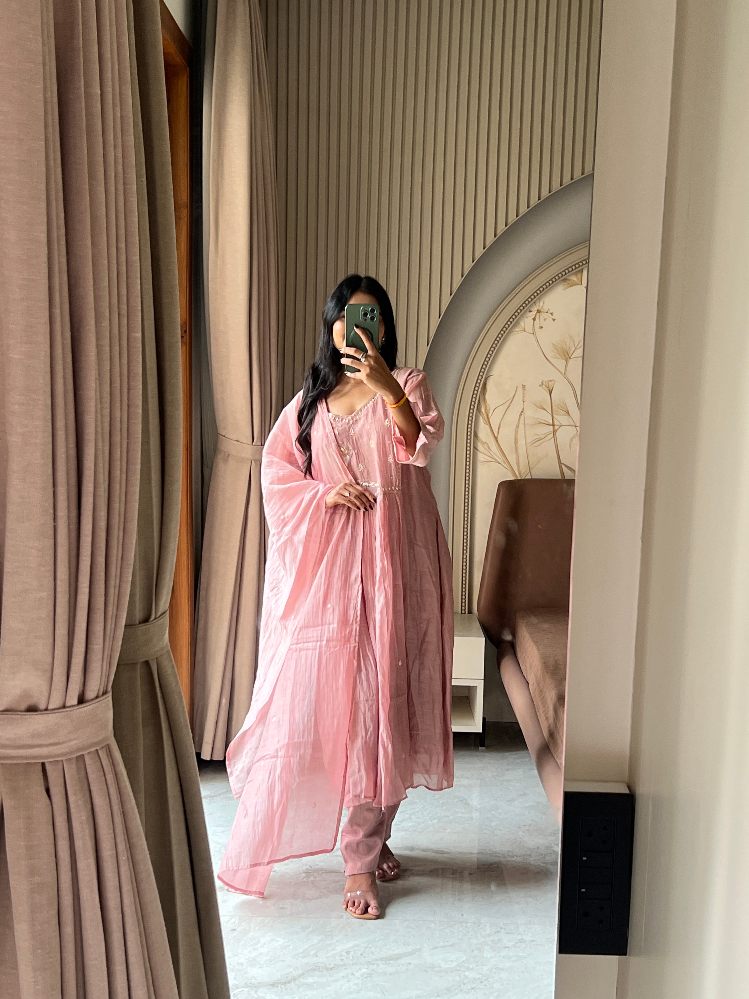 Mul chanderi pink suit set with beautiful work