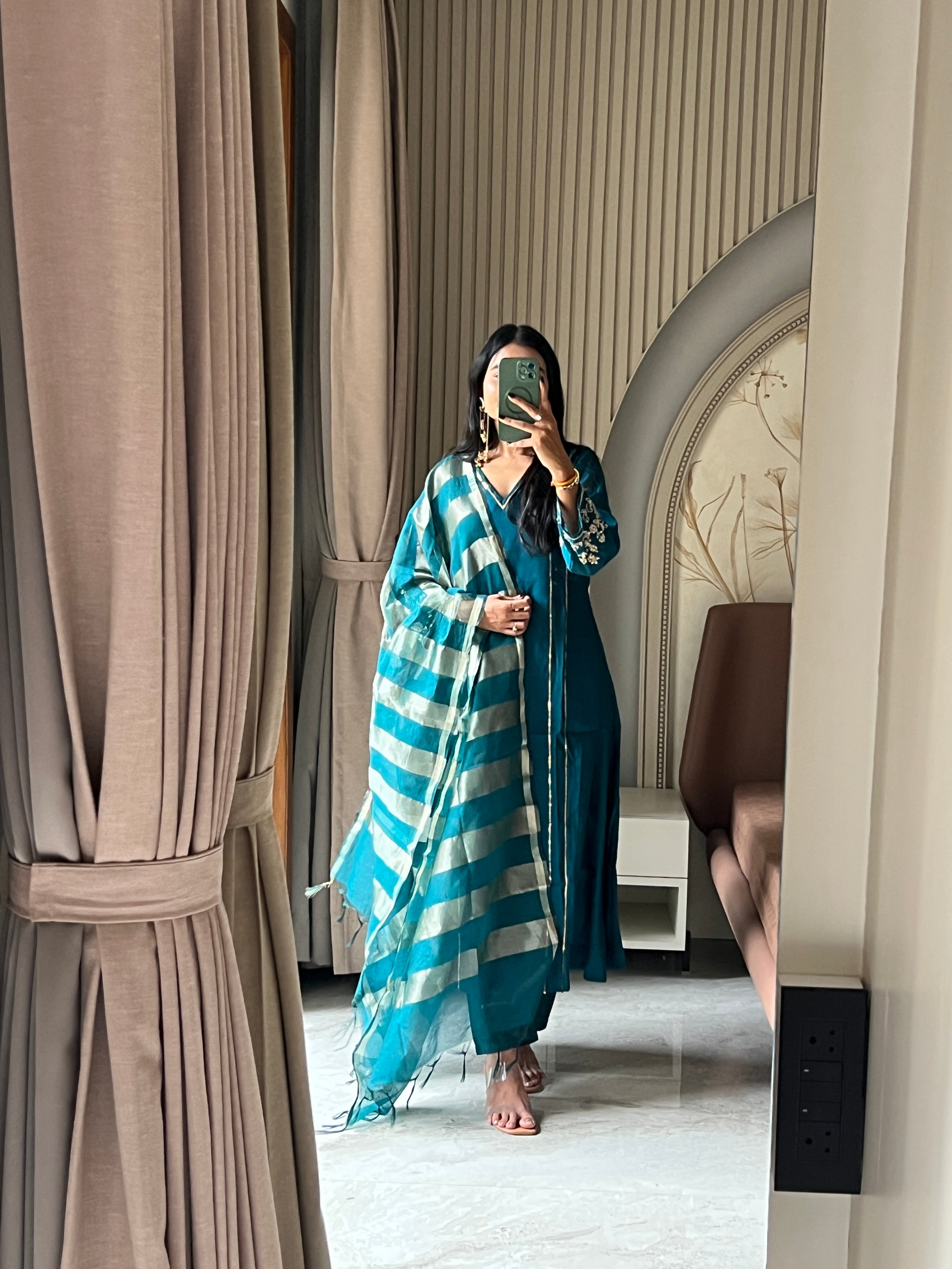 Petrol blue Mul chanderi set