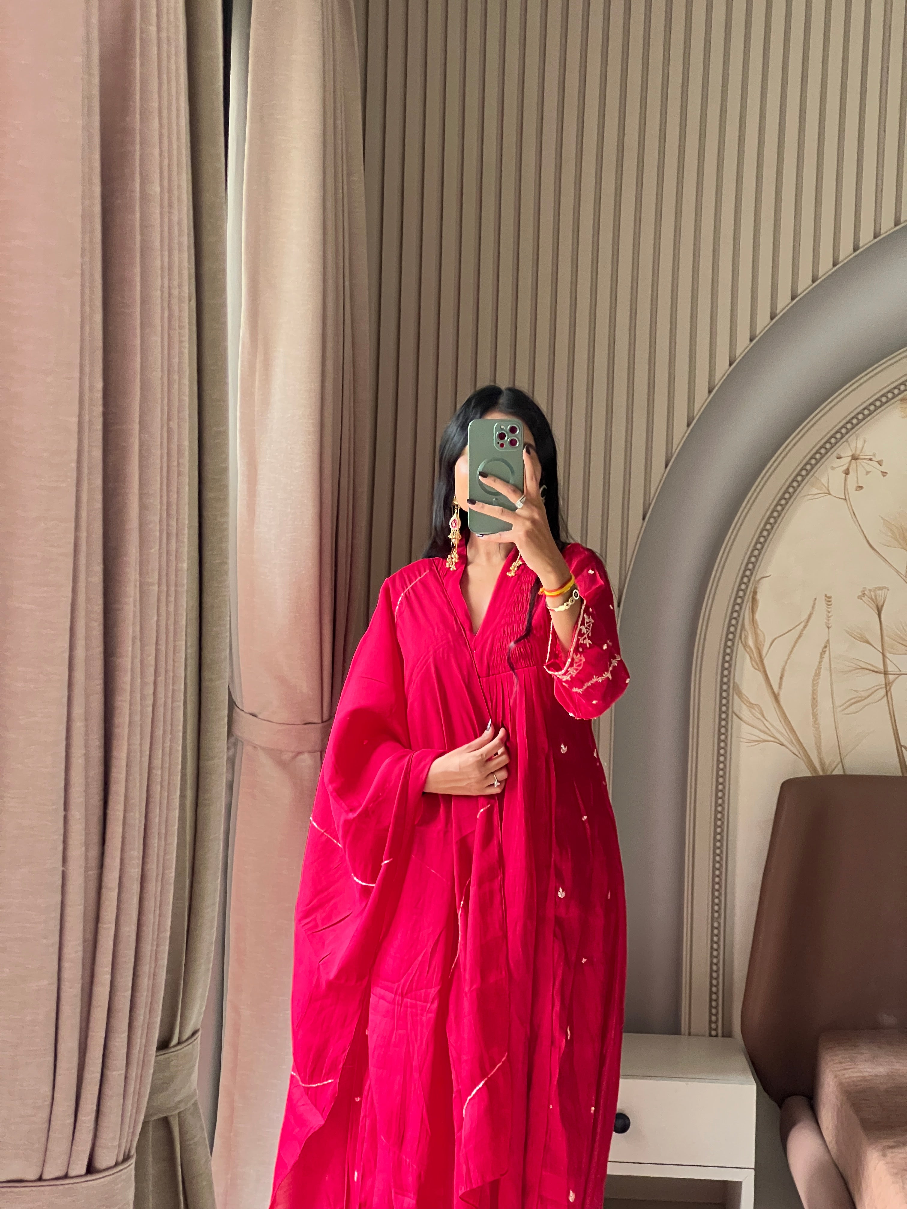 Hot pink kurti set with beautiful sleeves work