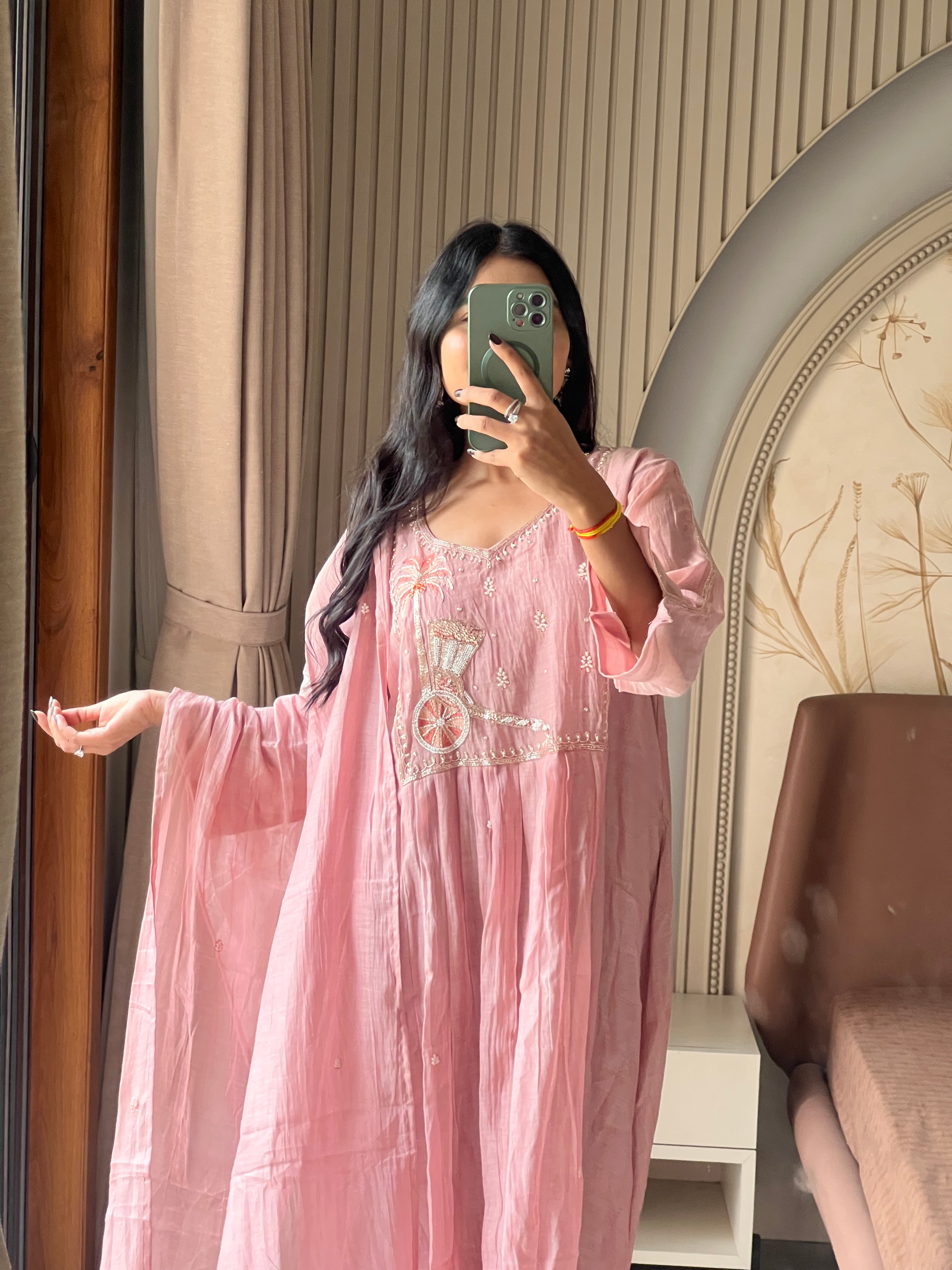 Mul chanderi pink suit set with beautiful work