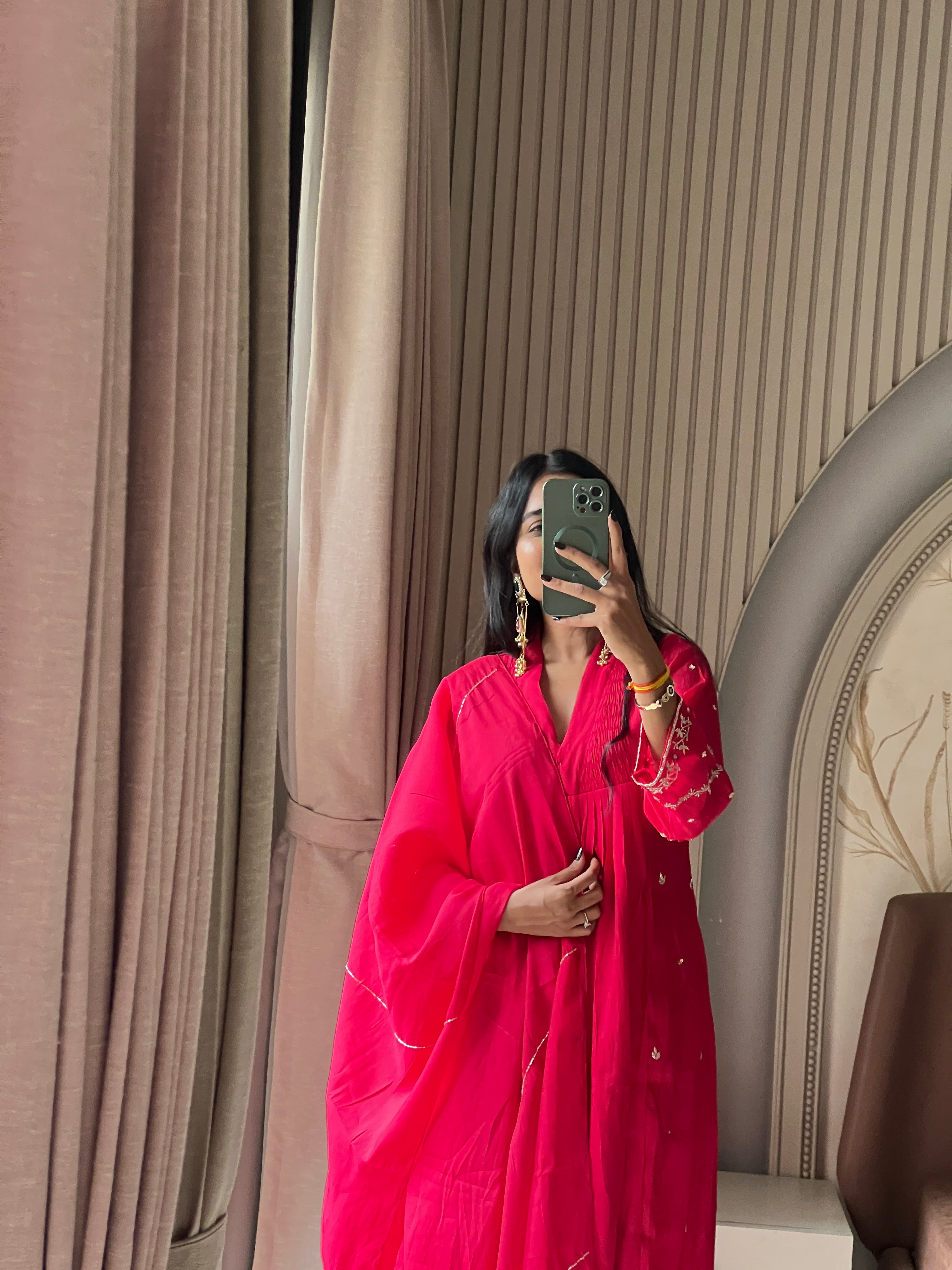 Hot pink kurti set with beautiful sleeves work