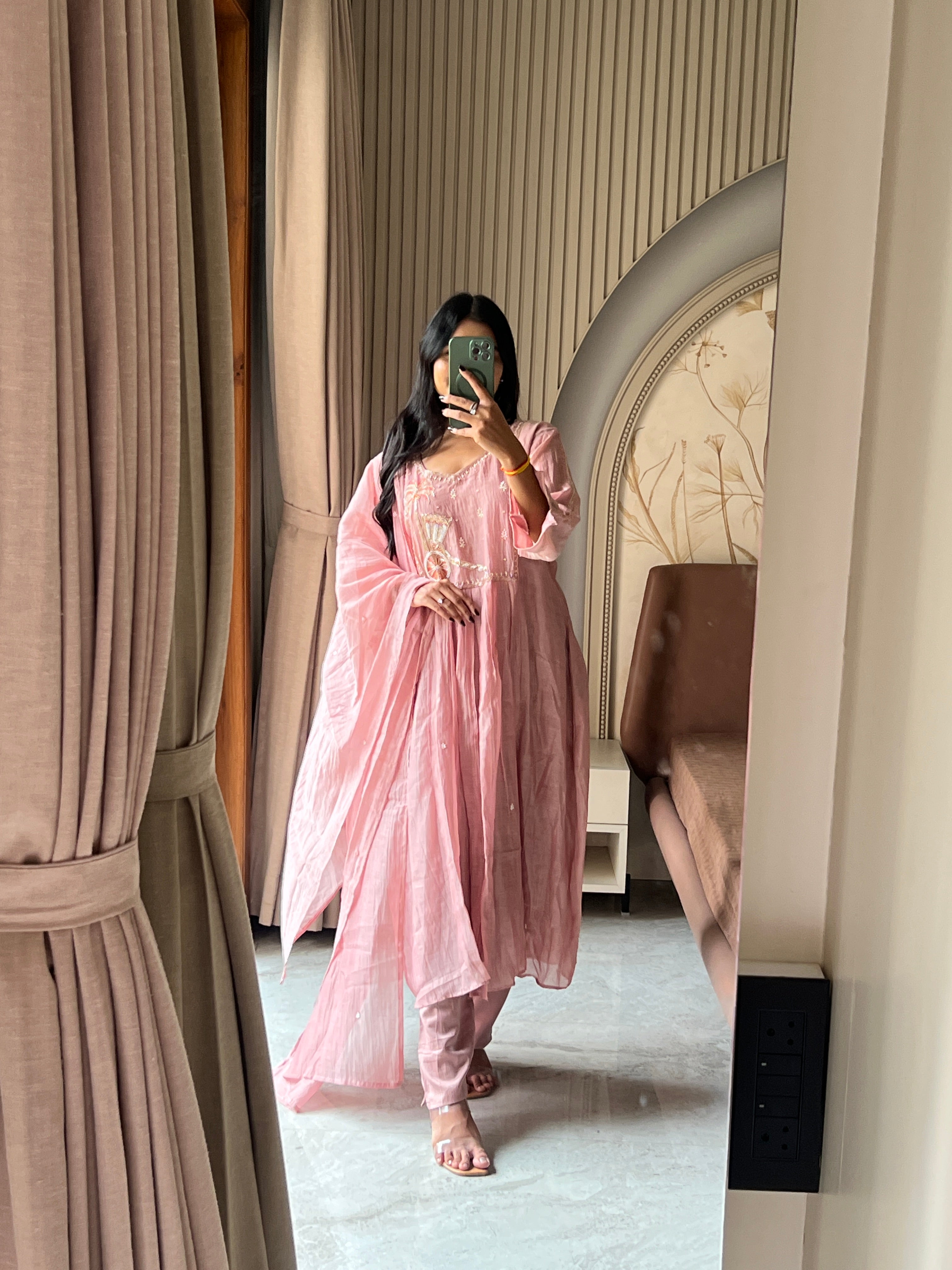 Mul chanderi pink suit set with beautiful work