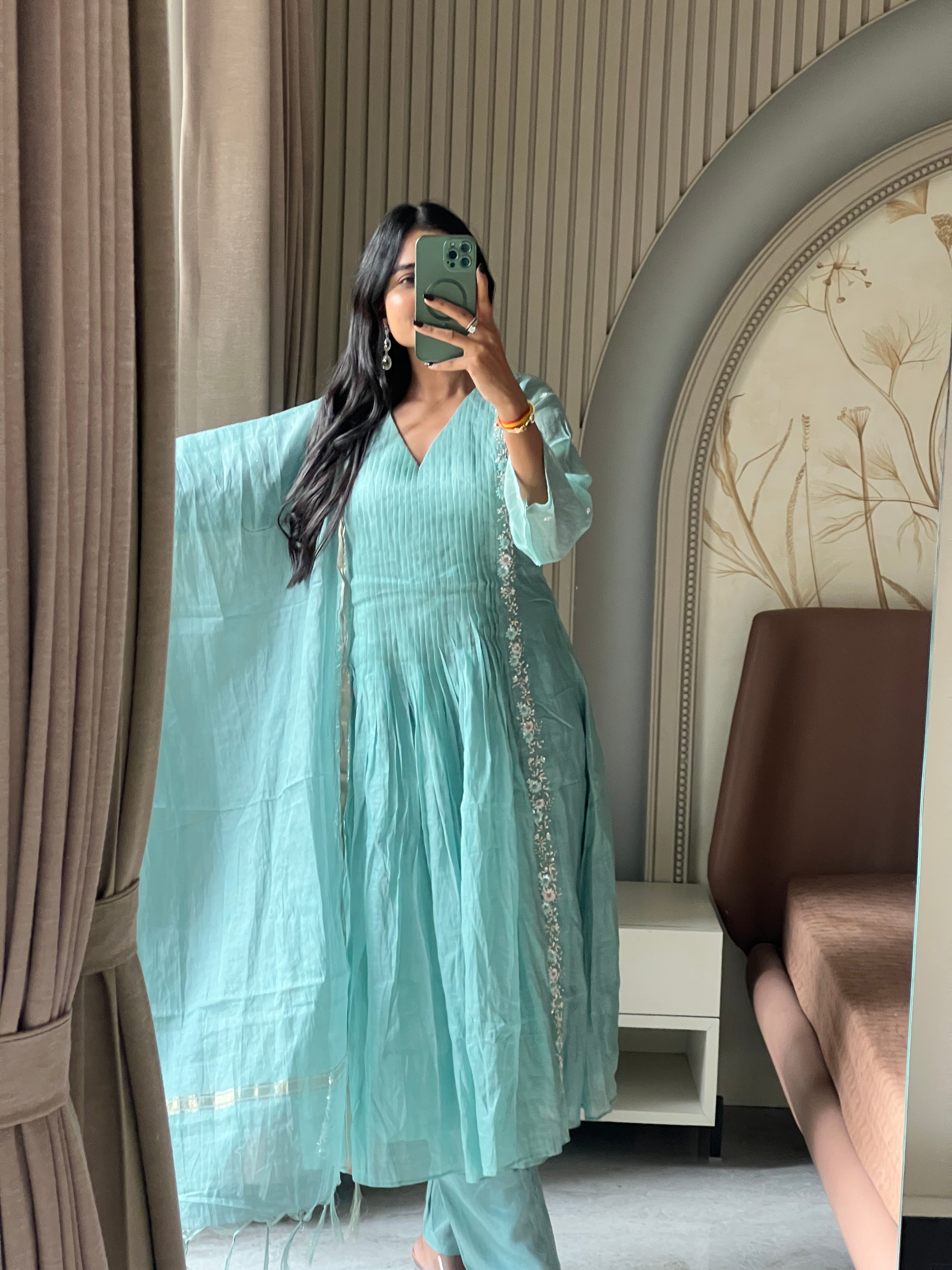 Sky Mul chanderi suit set with beautiful hand embroidery