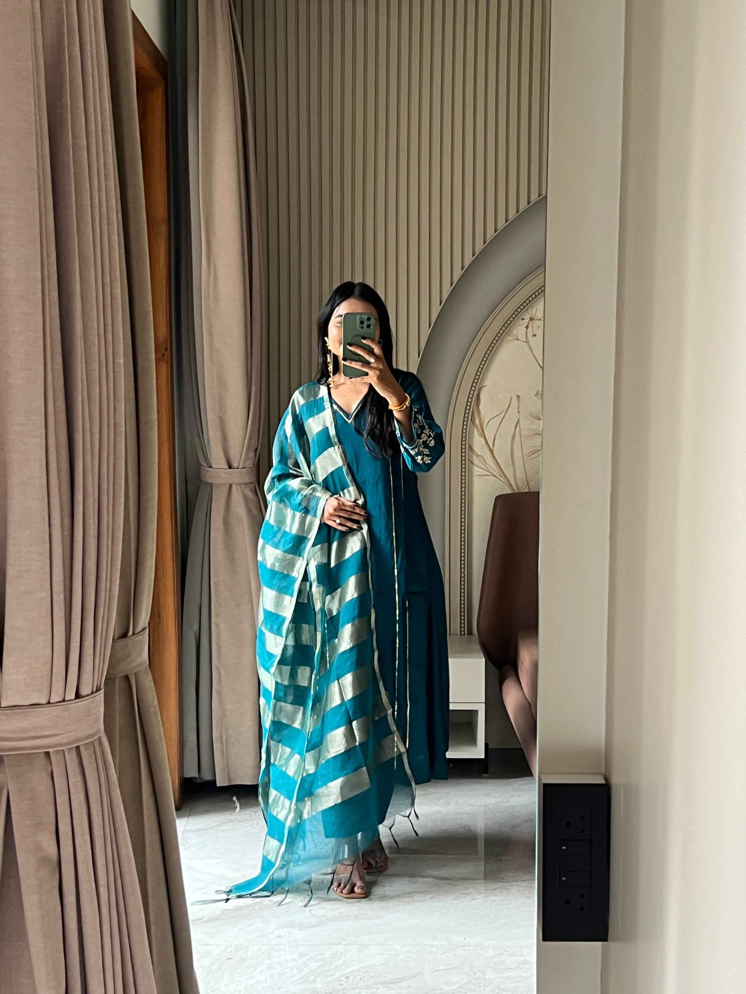 Petrol blue Mul chanderi set