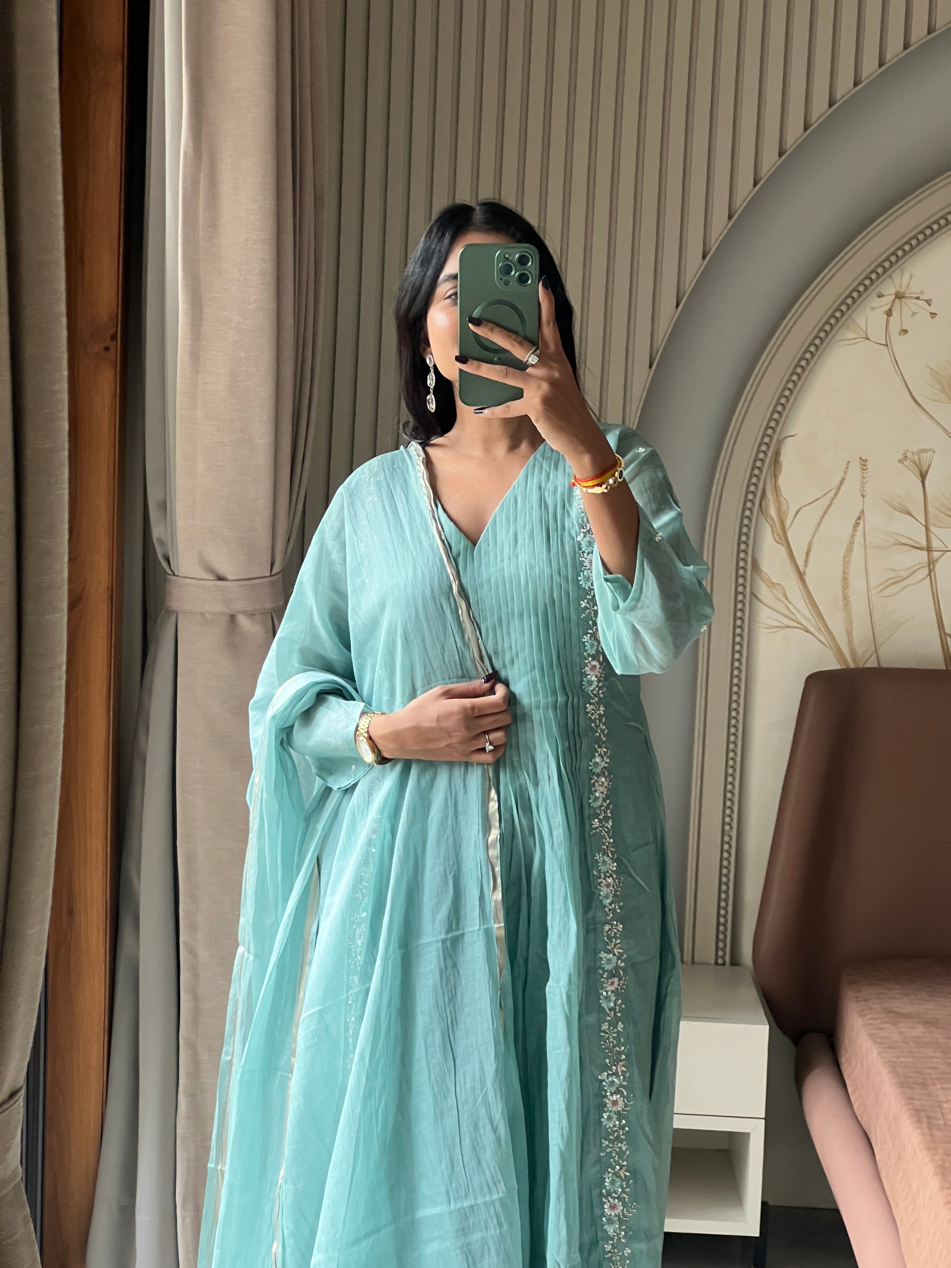 Sky Mul chanderi suit set with beautiful hand embroidery