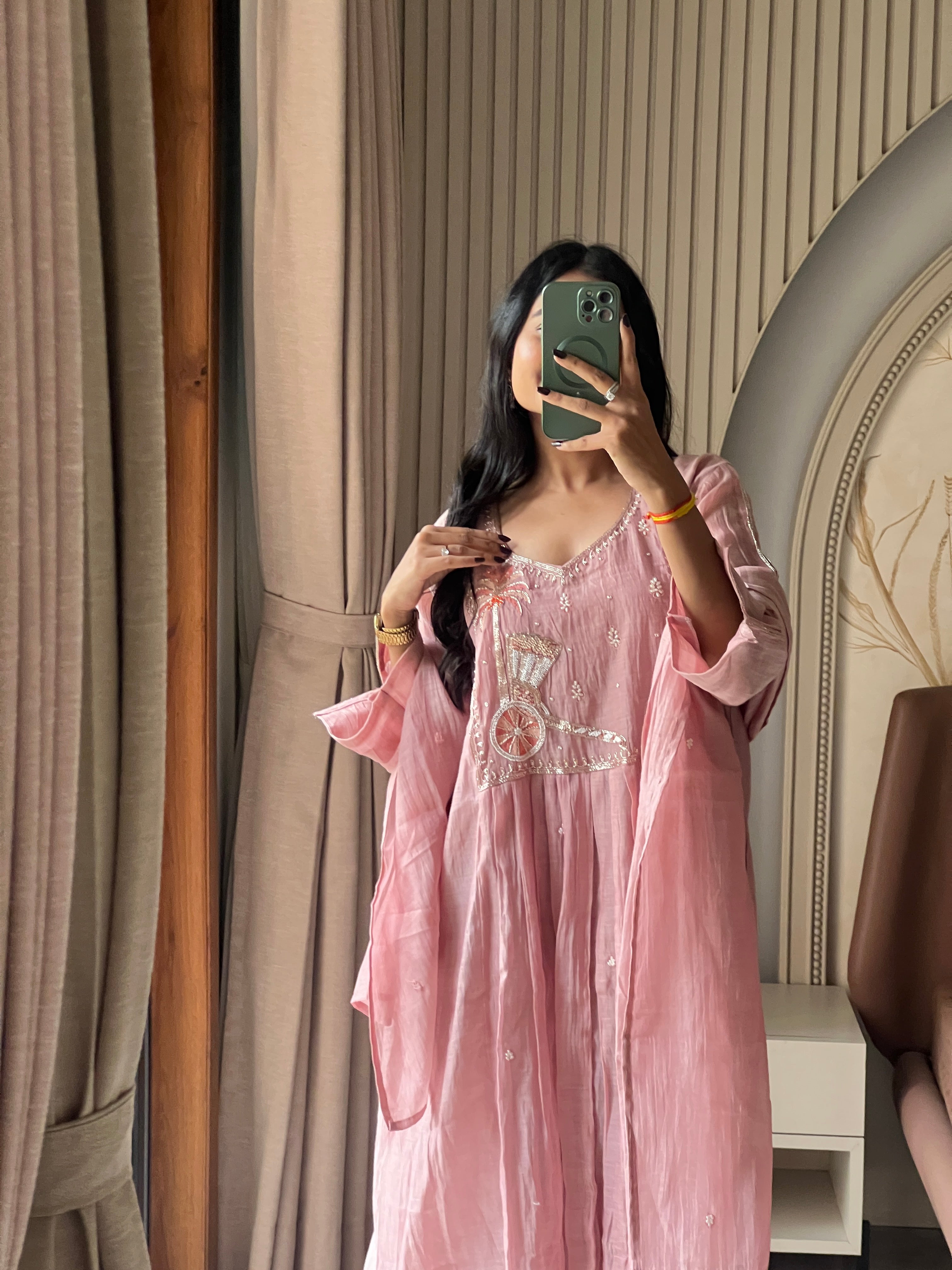 Mul chanderi pink suit set with beautiful work