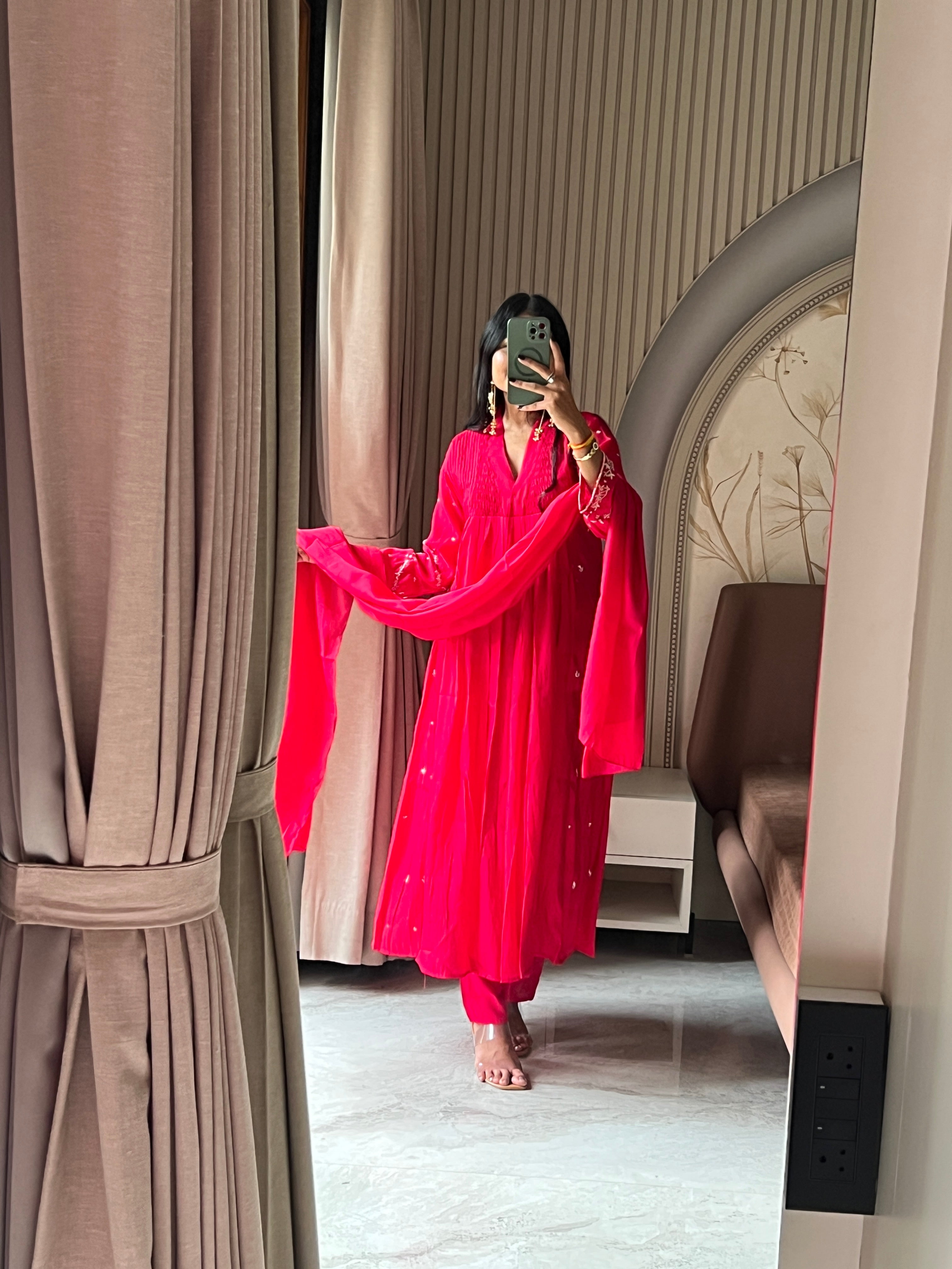 Hot pink kurti set with beautiful sleeves work