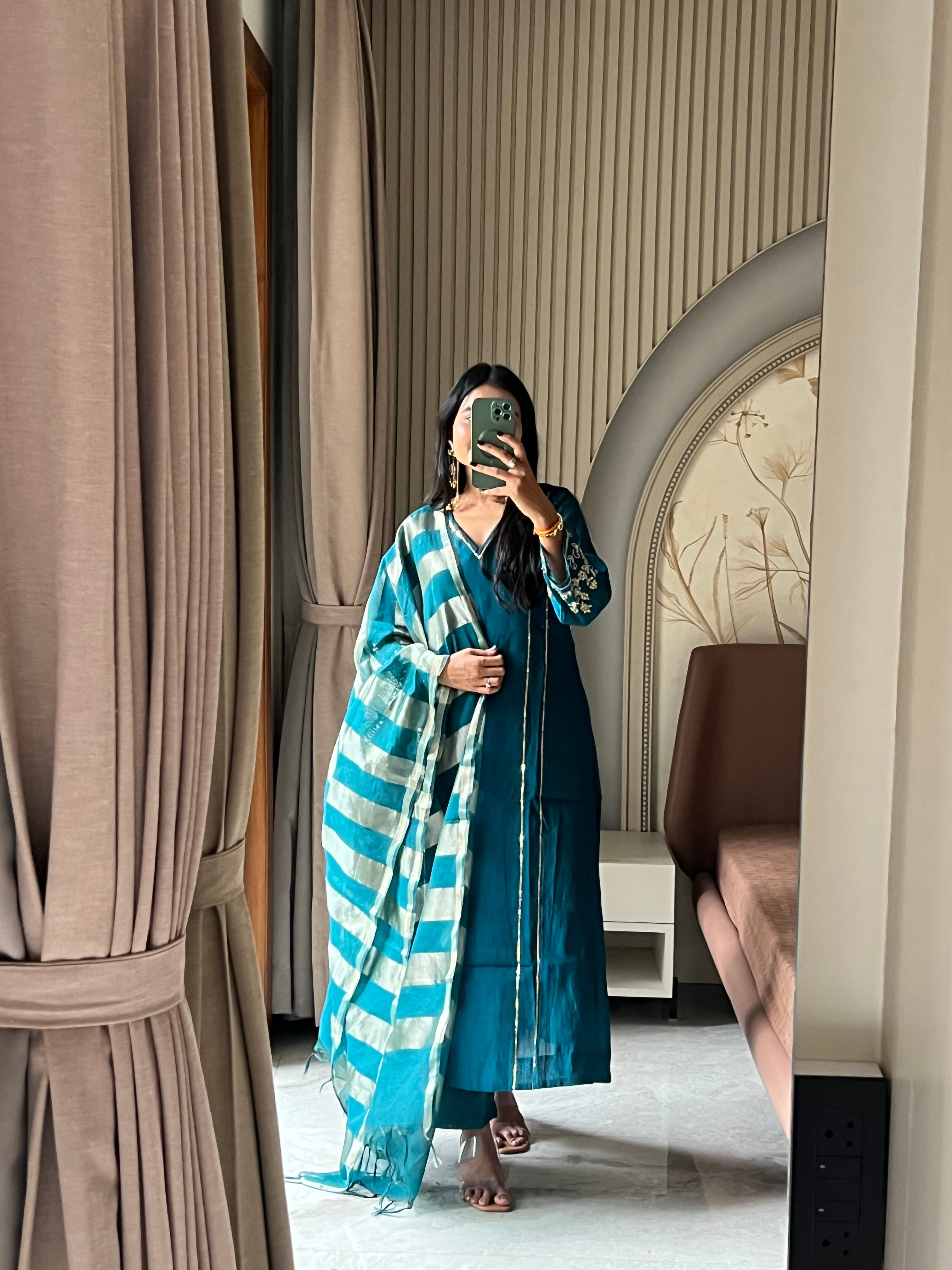 Petrol blue Mul chanderi set