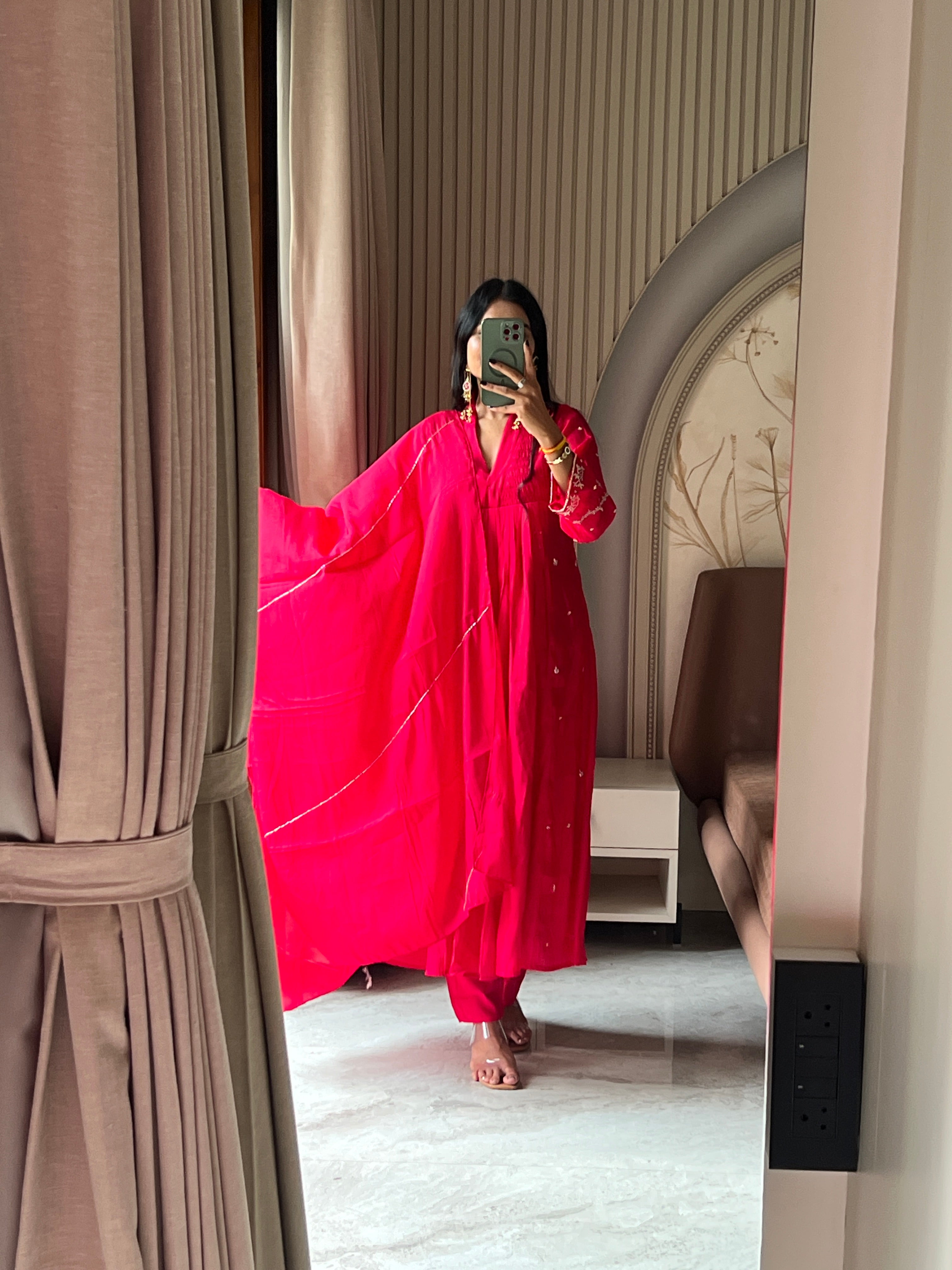 Hot pink kurti set with beautiful sleeves work