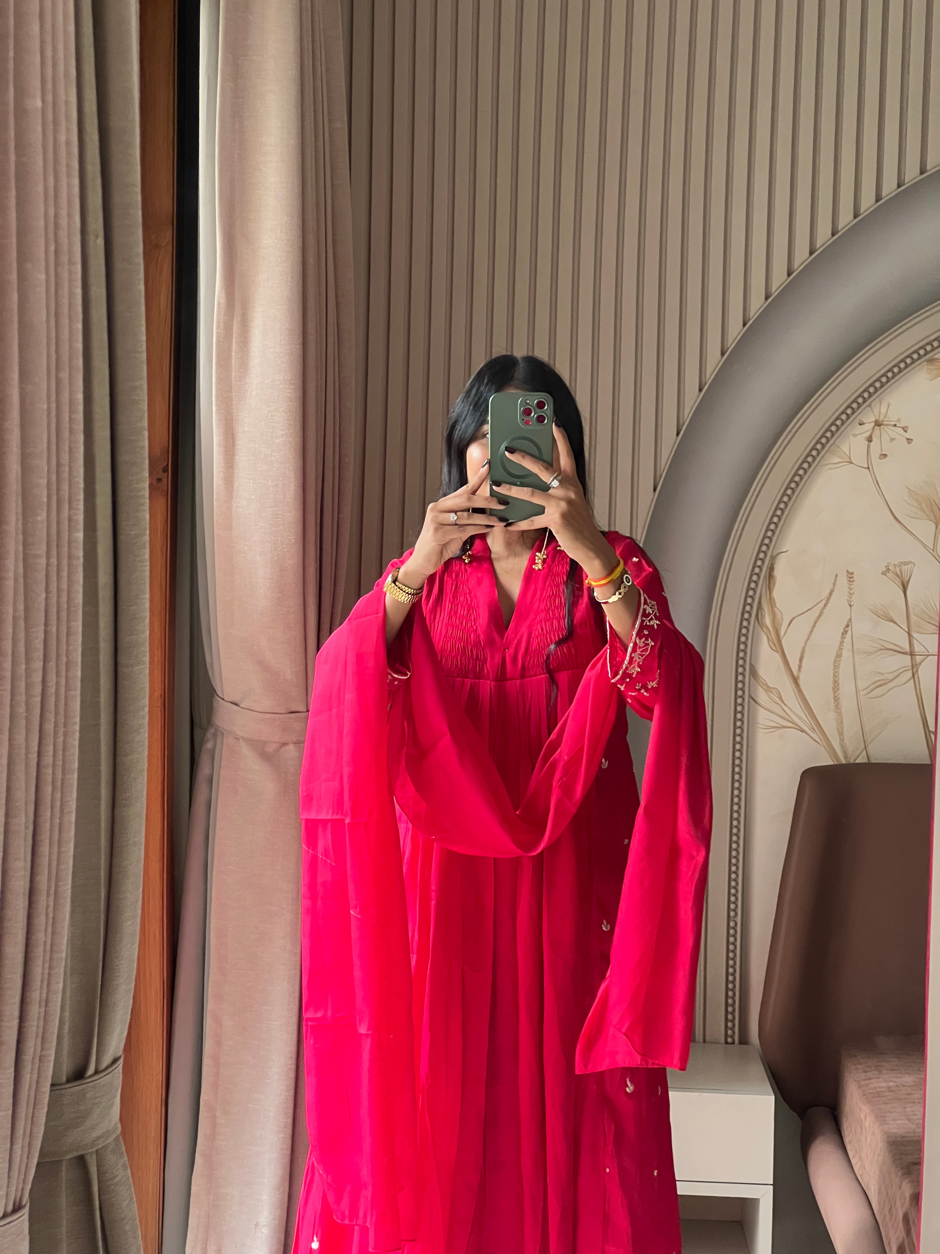 Hot pink kurti set with beautiful sleeves work