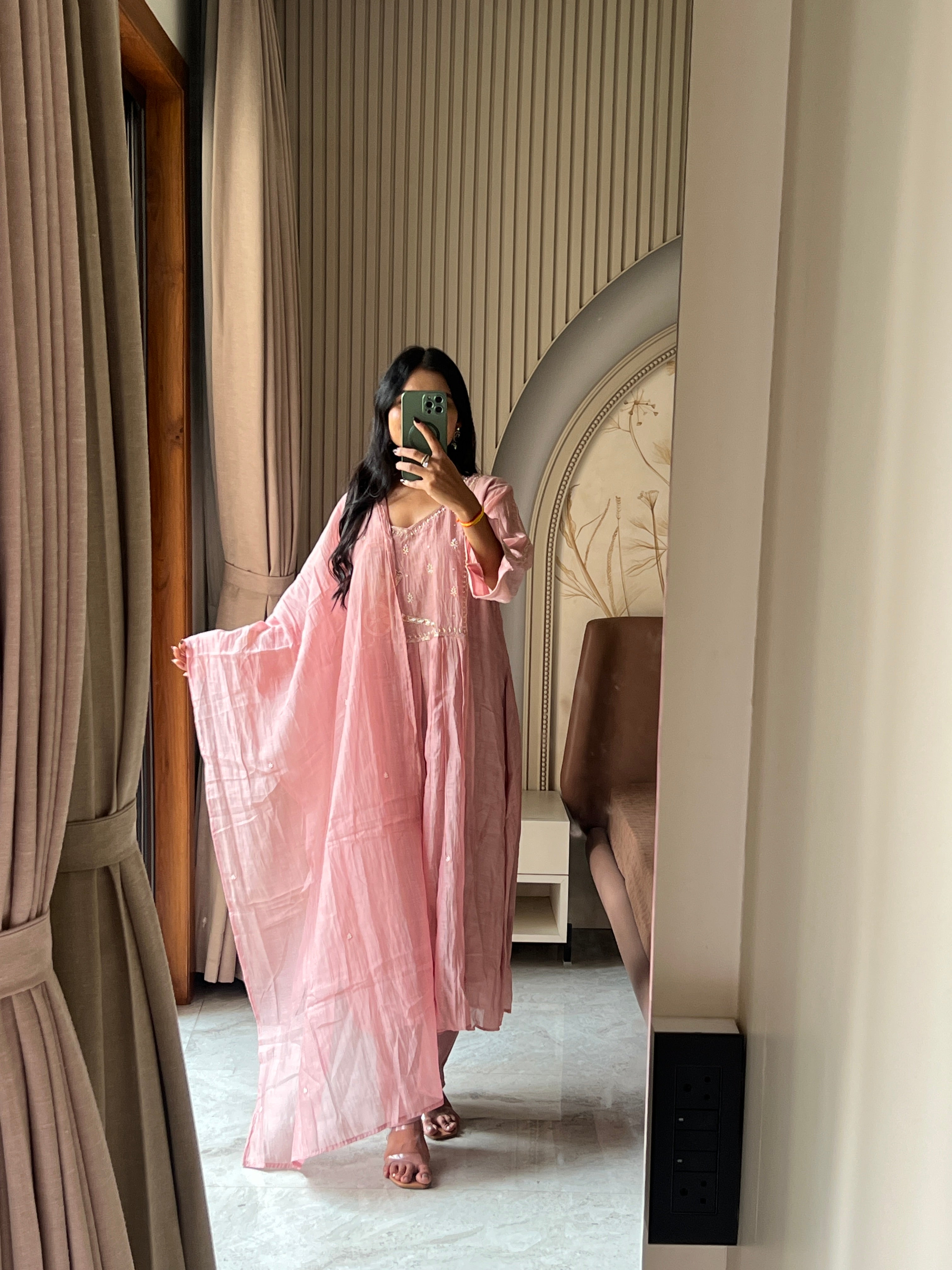 Mul chanderi pink suit set with beautiful work