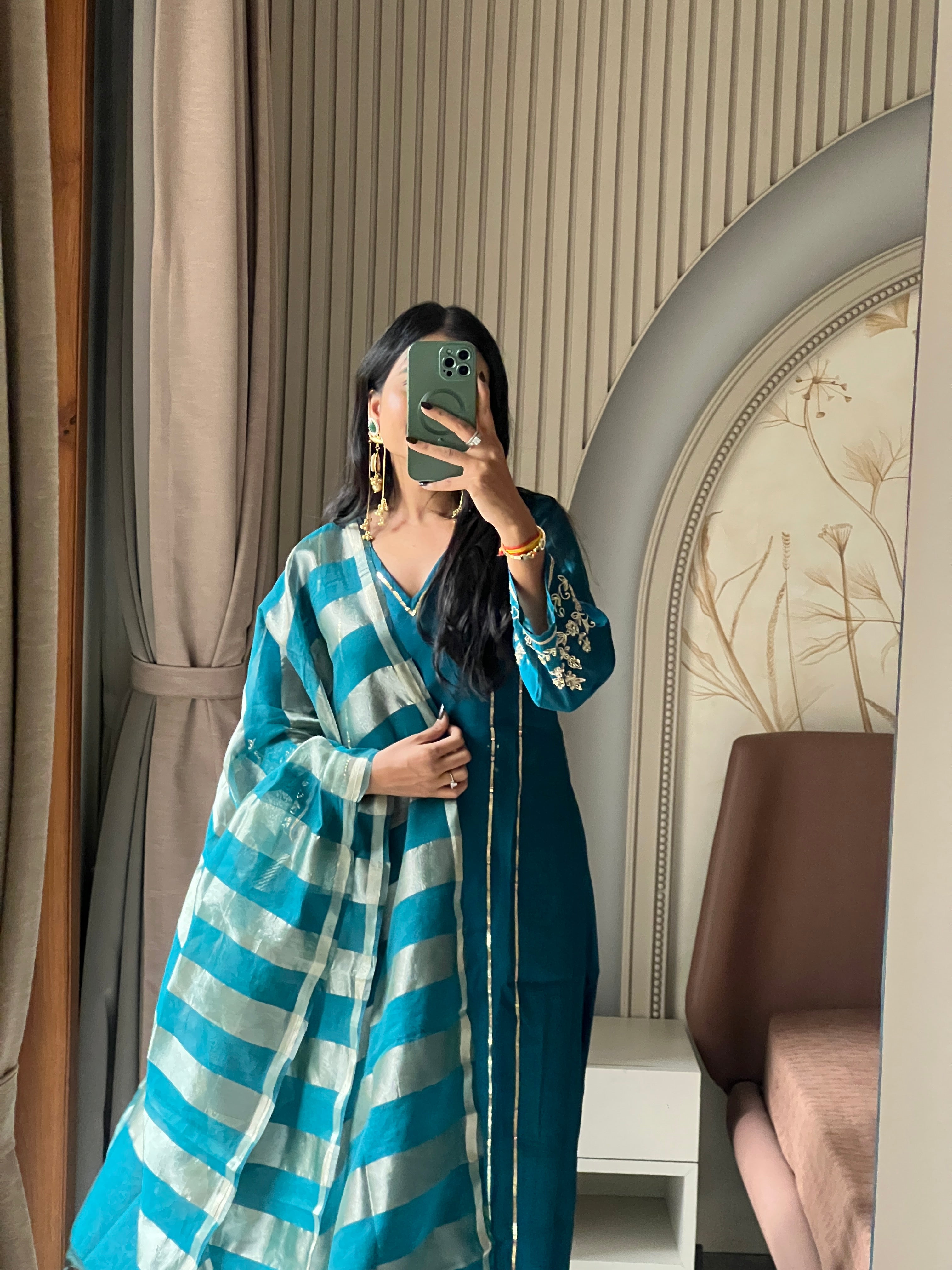 Petrol blue Mul chanderi set
