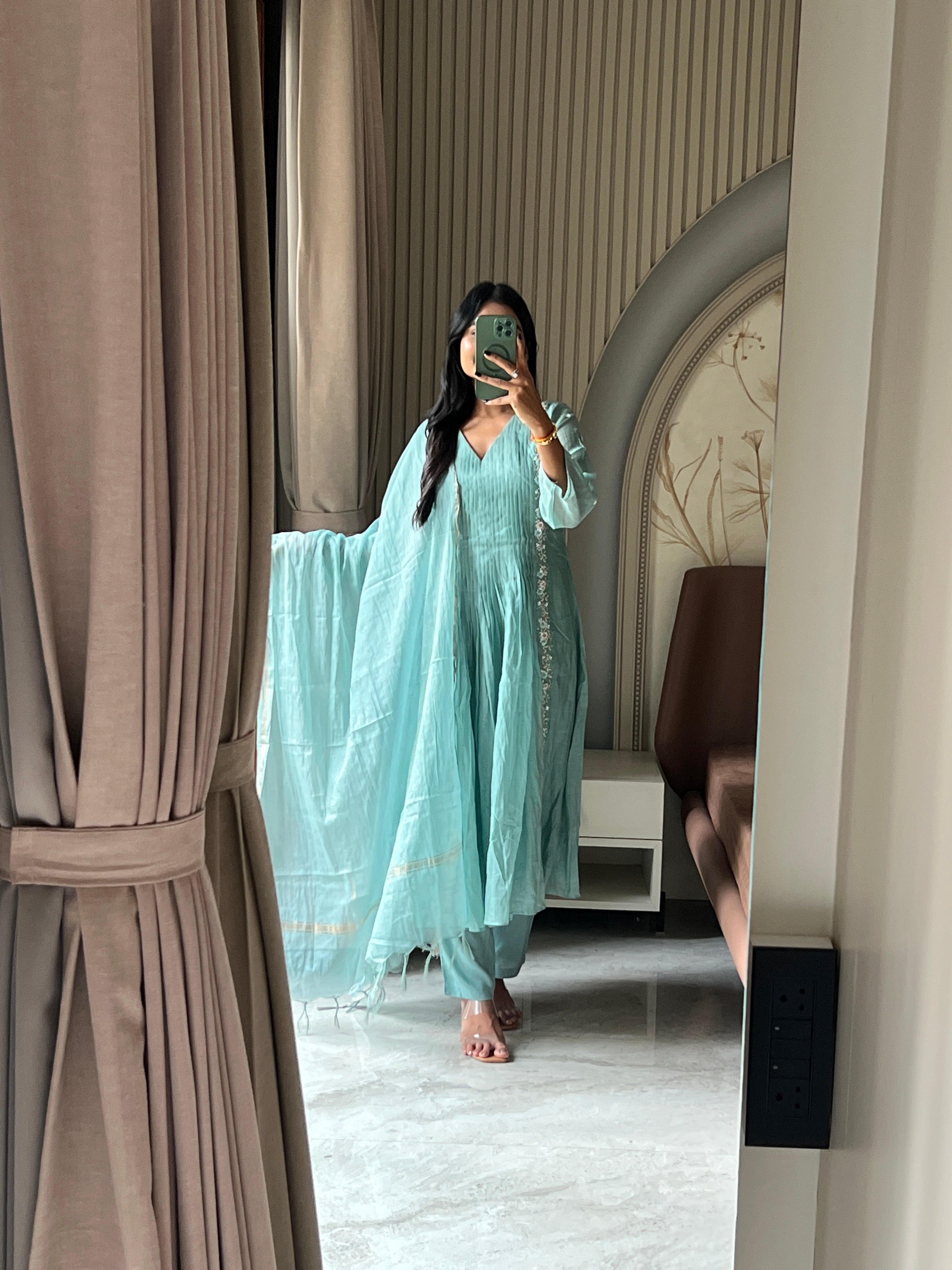 Sky Mul chanderi suit set with beautiful hand embroidery