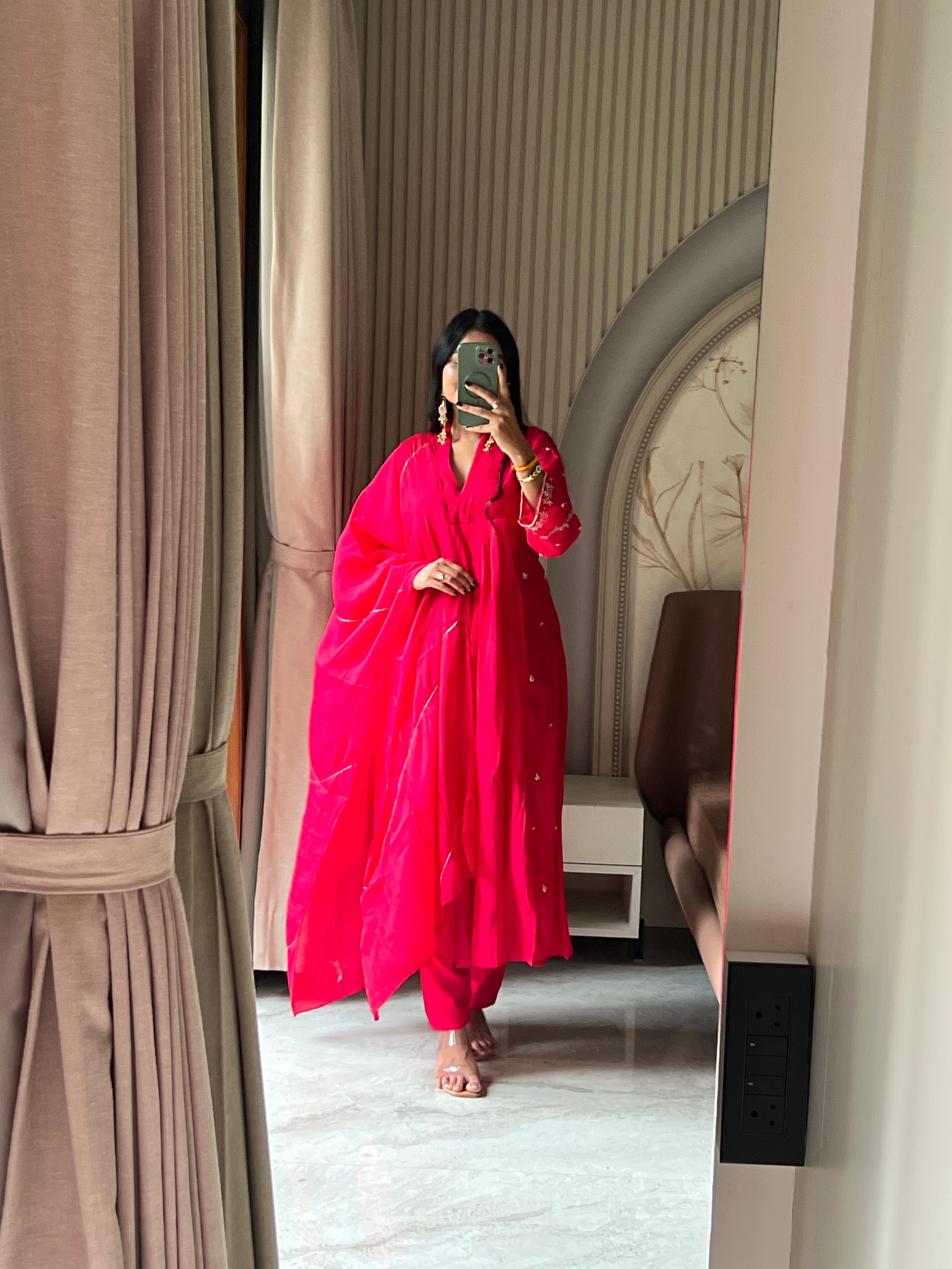 Hot pink kurti set with beautiful sleeves work