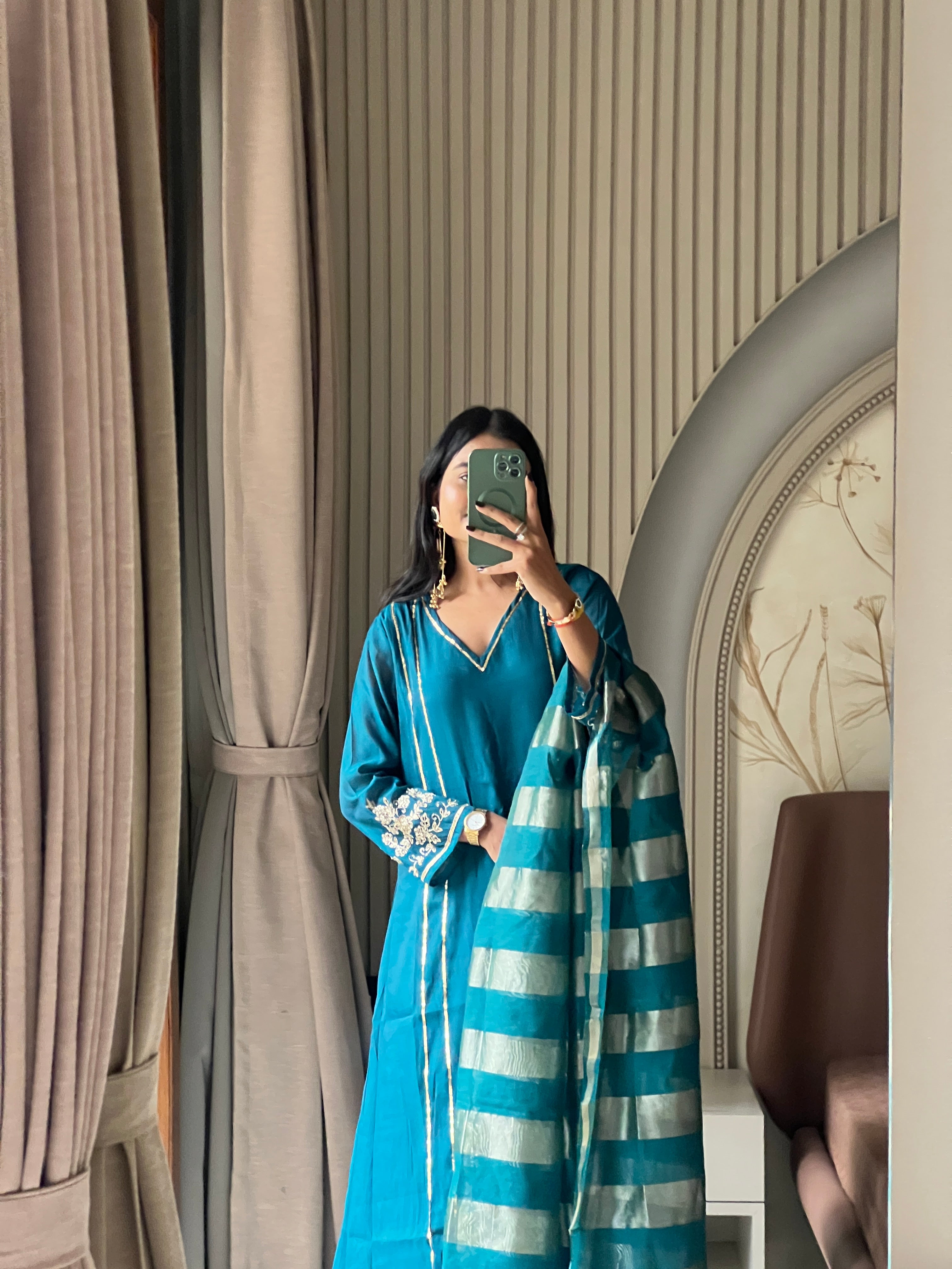 Petrol blue Mul chanderi set