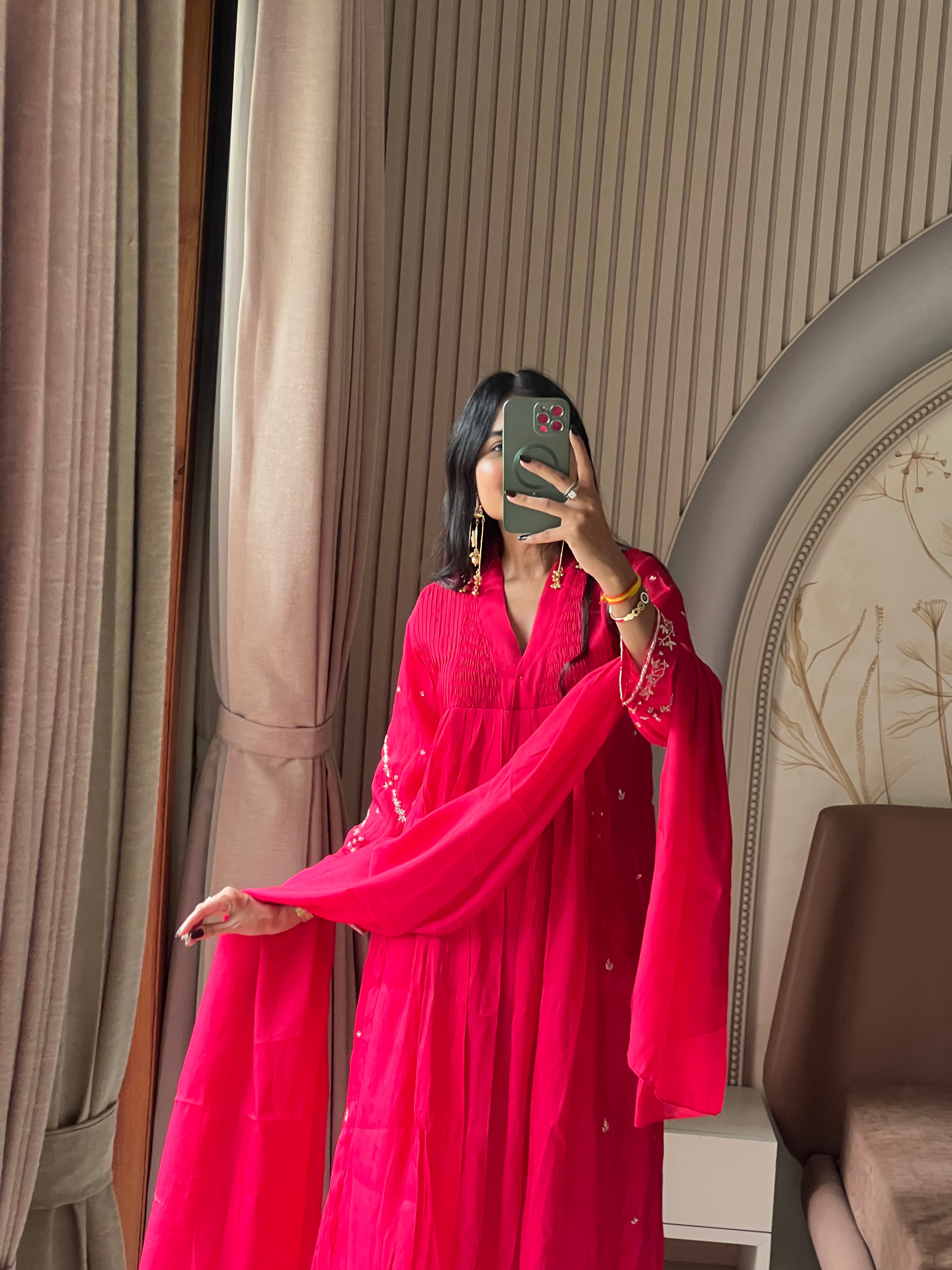 Hot pink kurti set with beautiful sleeves work