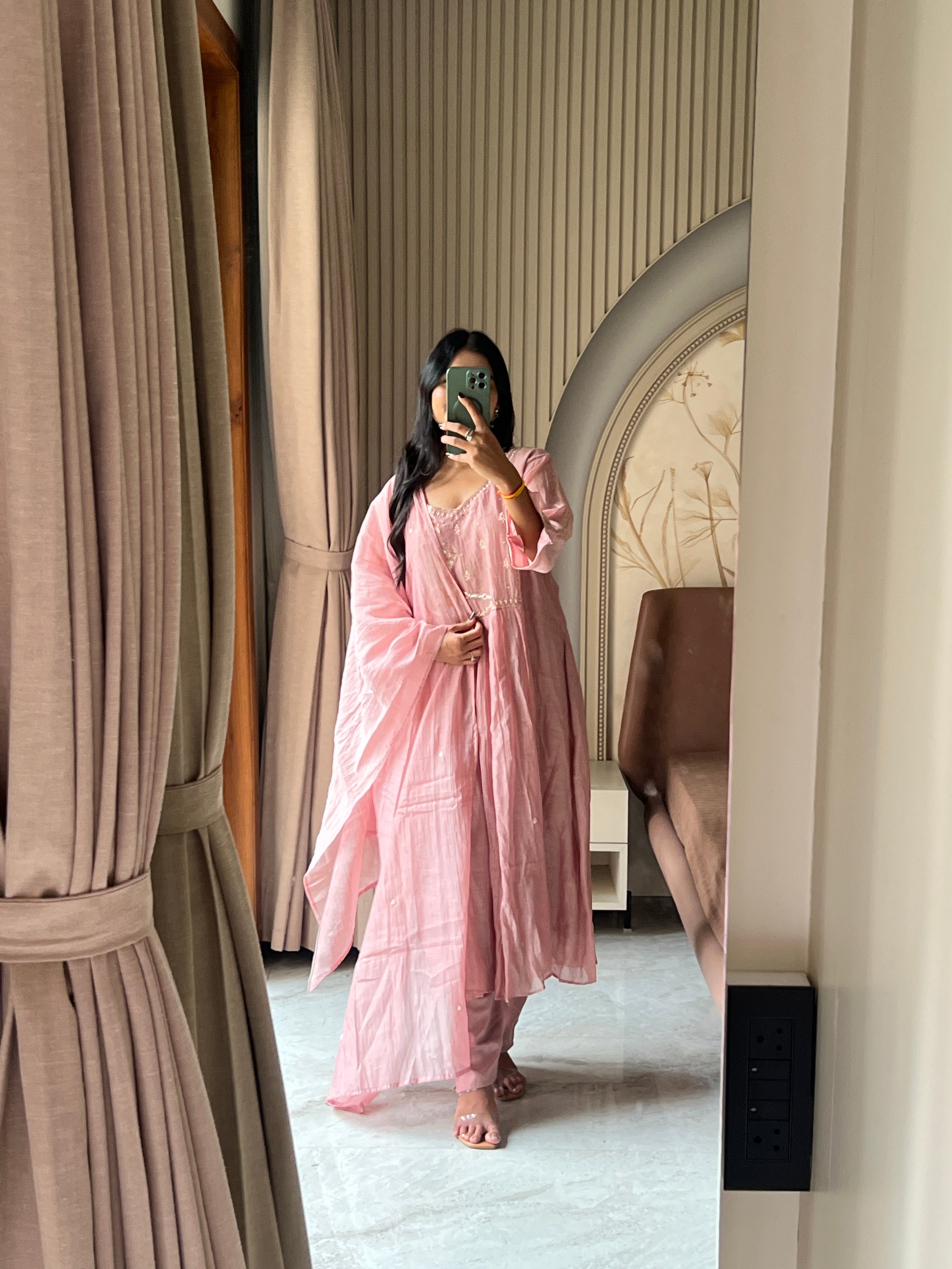 Mul chanderi pink suit set with beautiful work