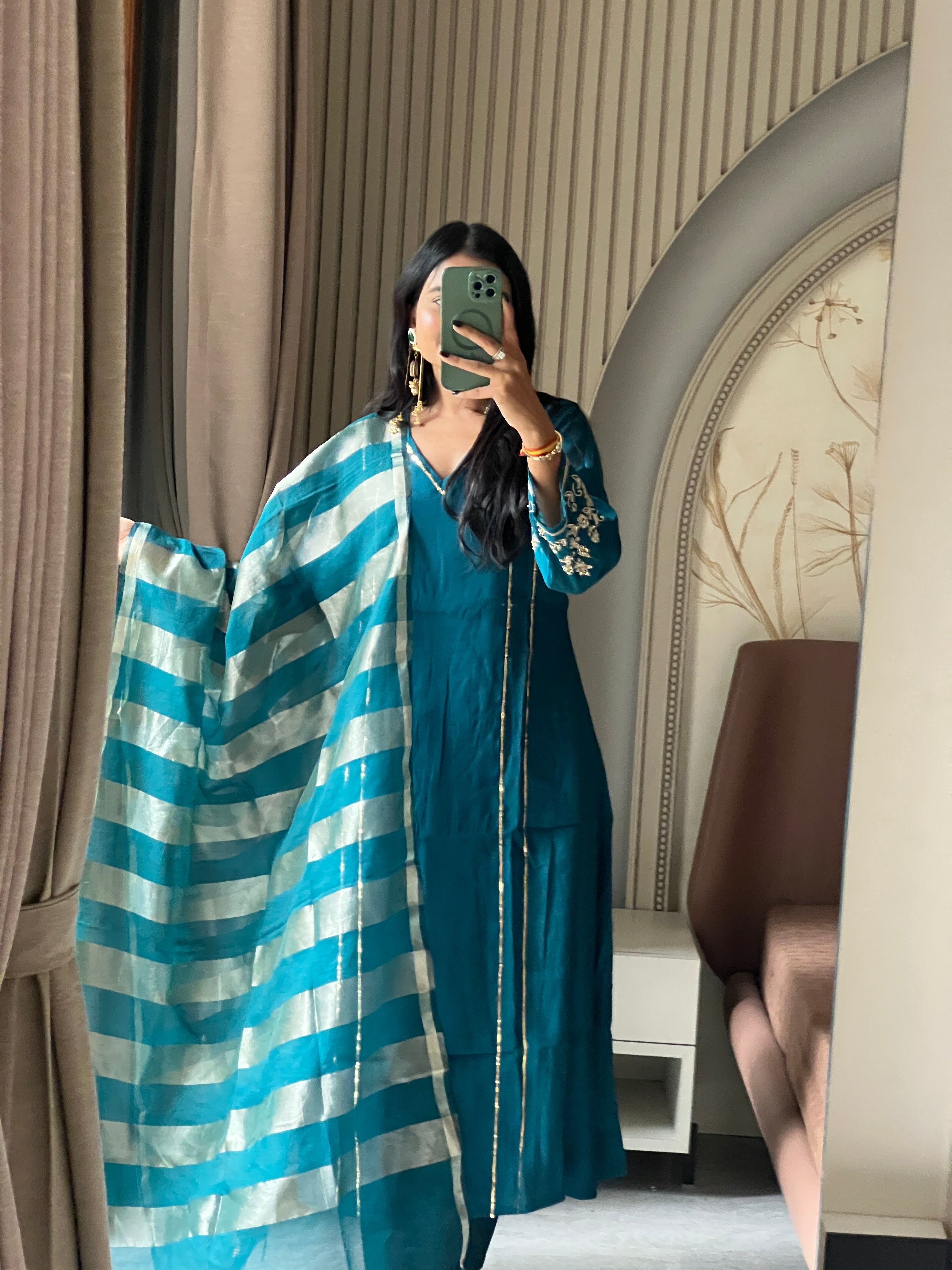 Petrol blue Mul chanderi set