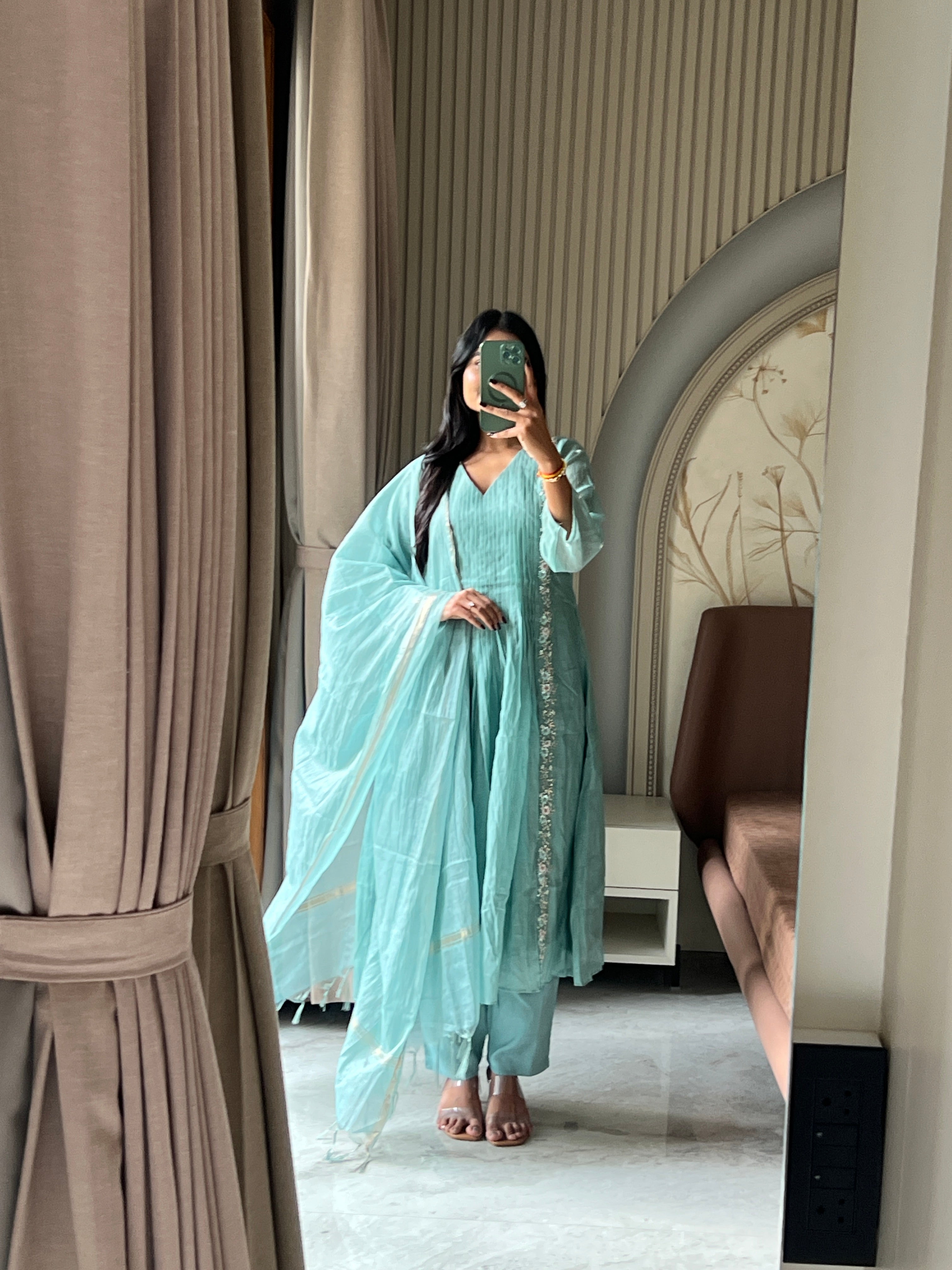 Sky Mul chanderi suit set with beautiful hand embroidery