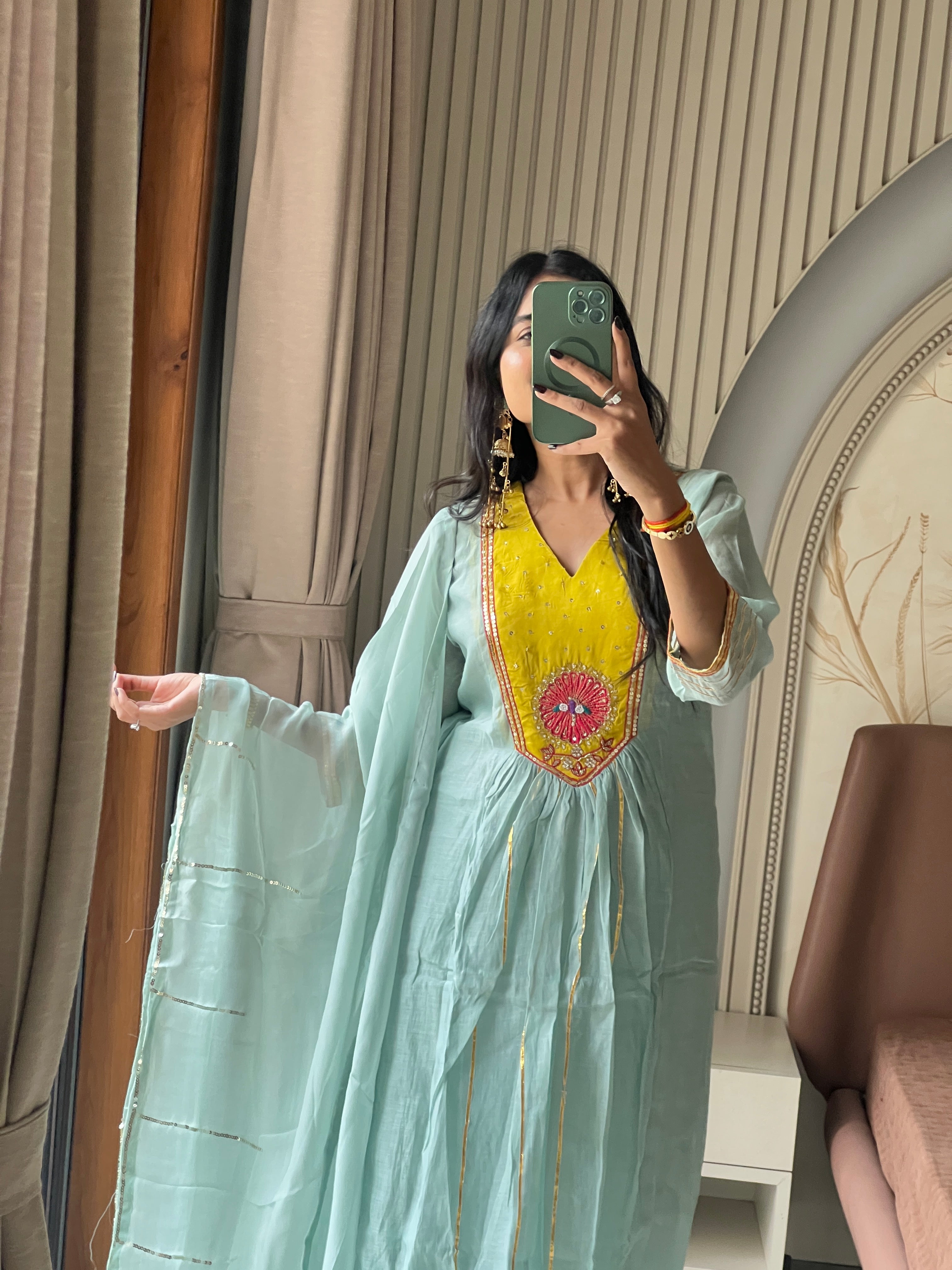 Sky and yellow kurti set