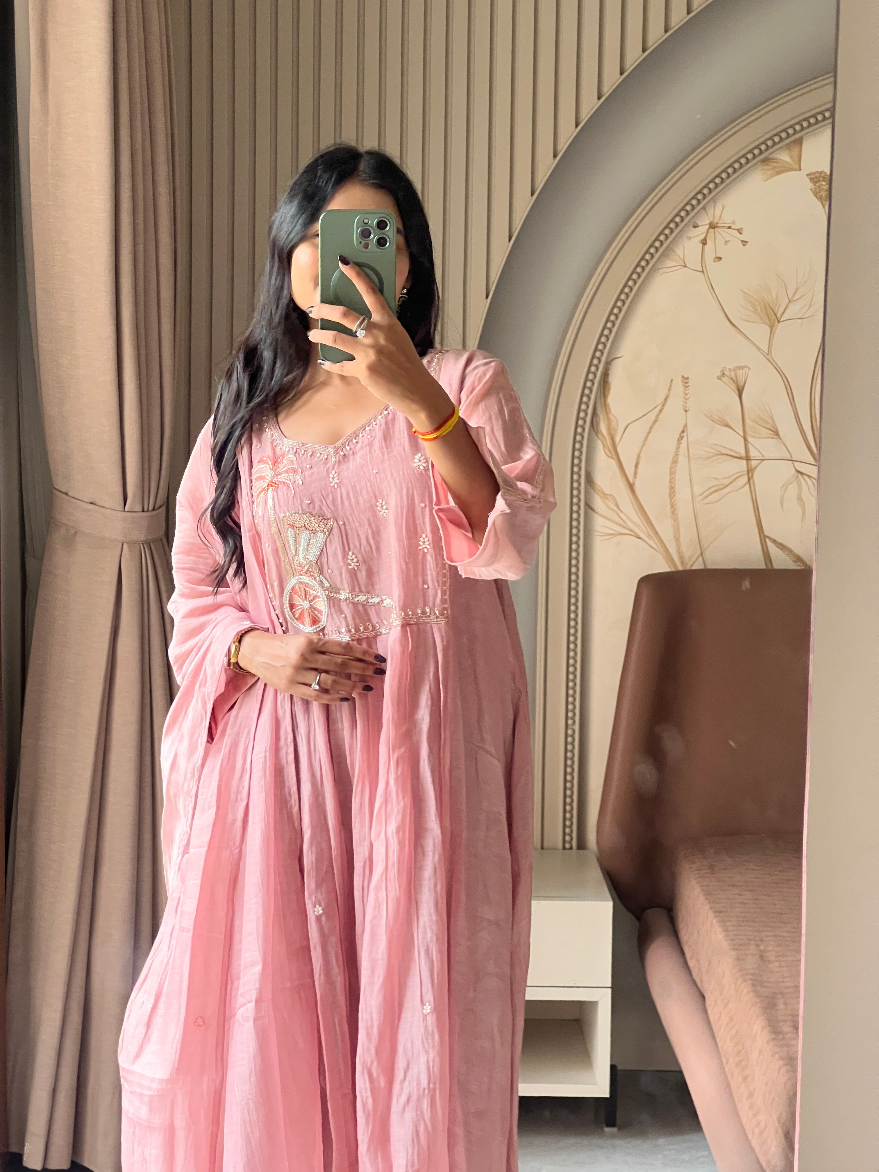 Mul chanderi pink suit set with beautiful work