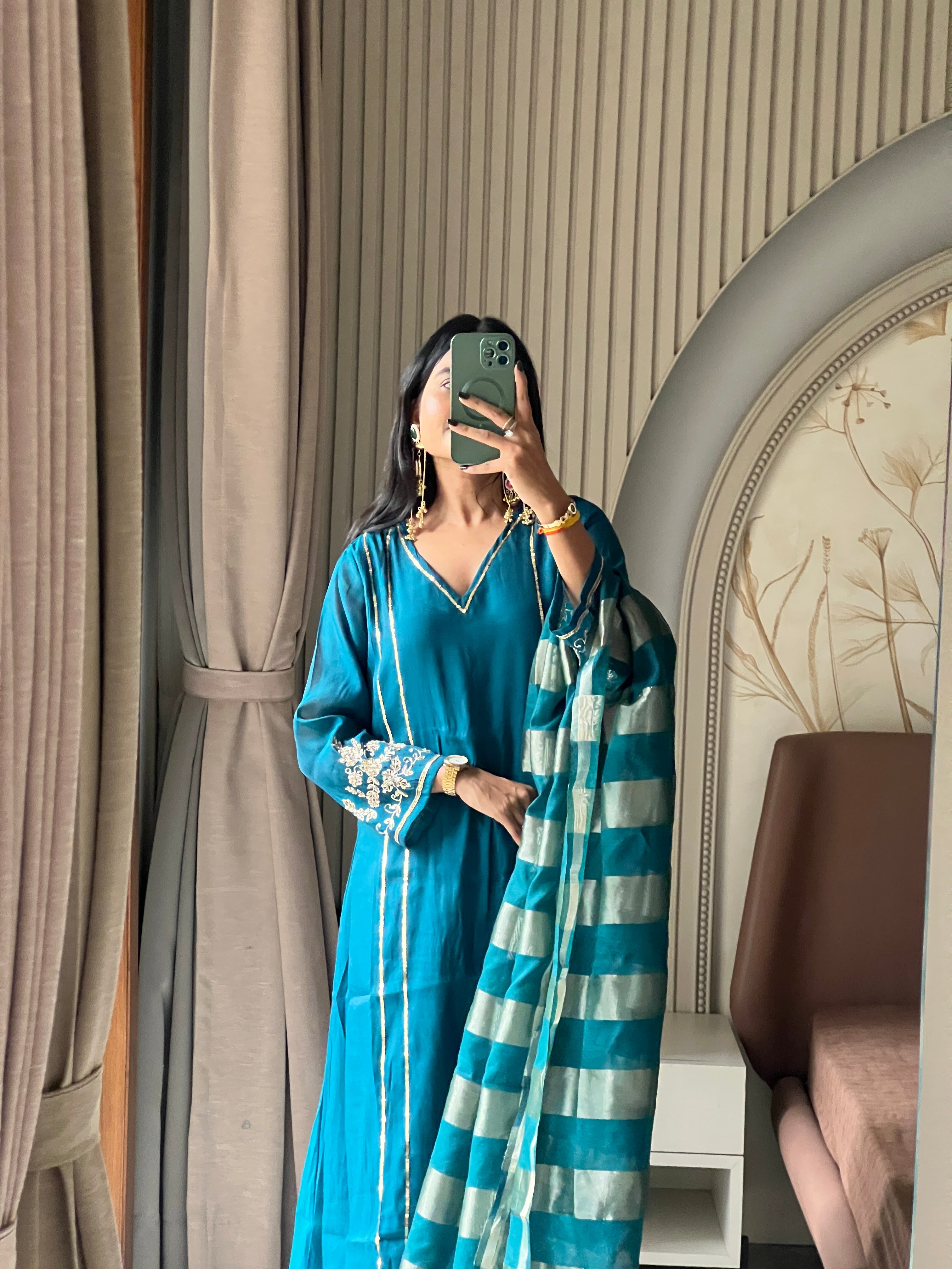 Petrol blue Mul chanderi set