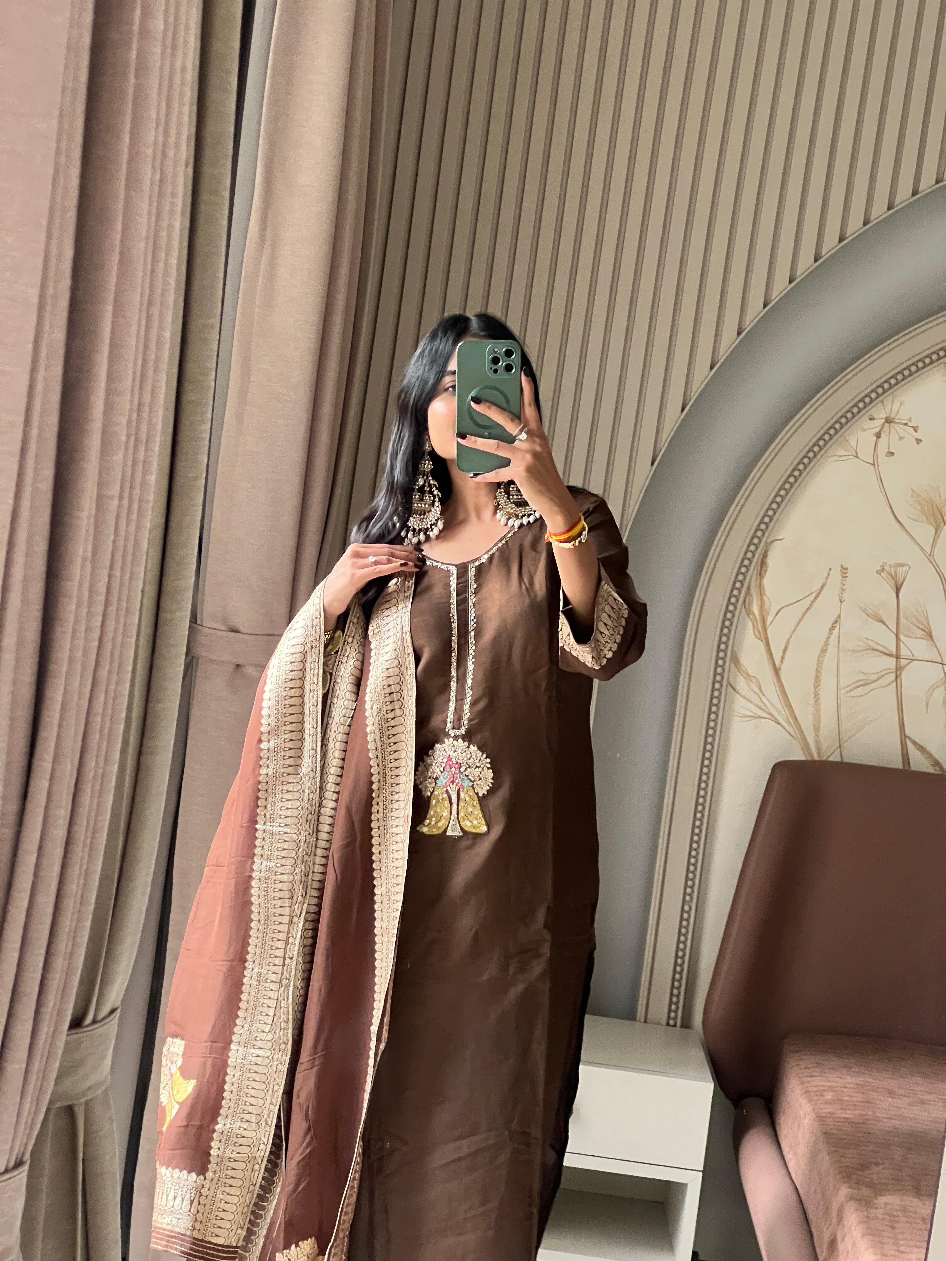 Brown jacquard suit set