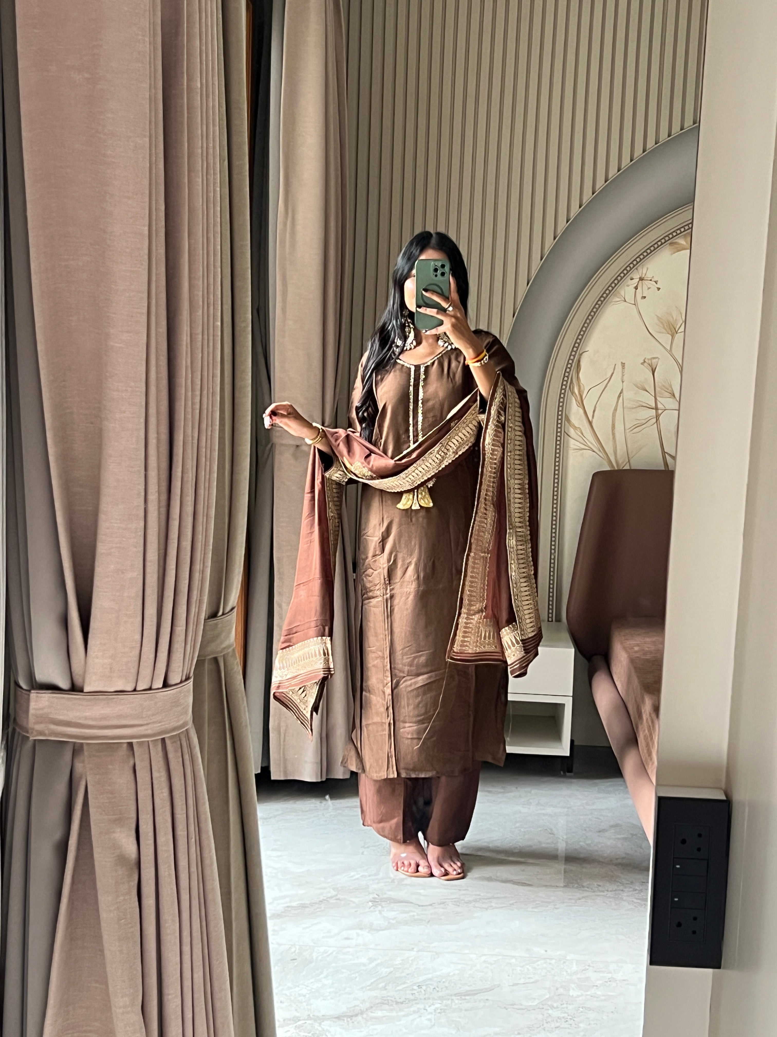 Brown jacquard suit set