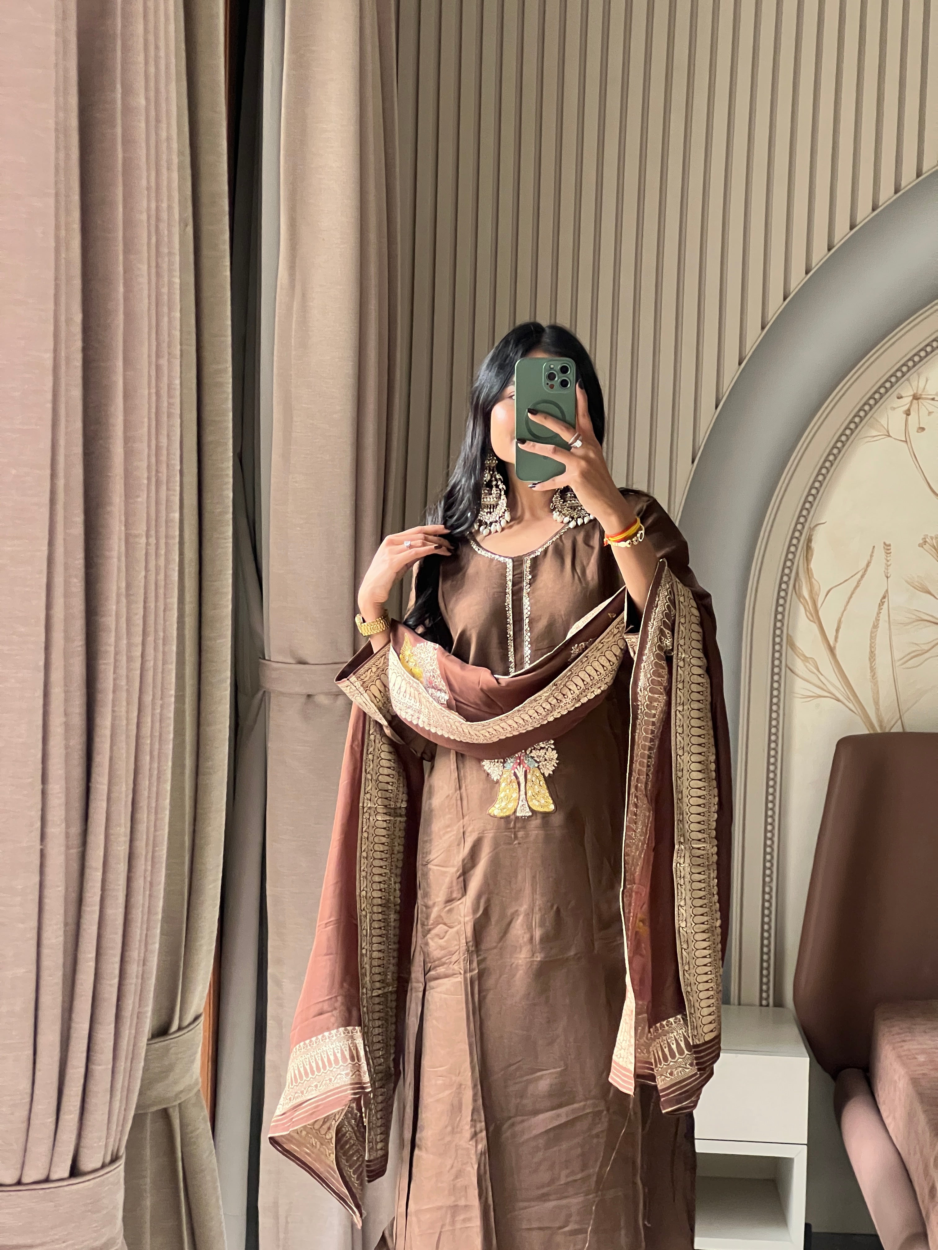 Brown jacquard suit set