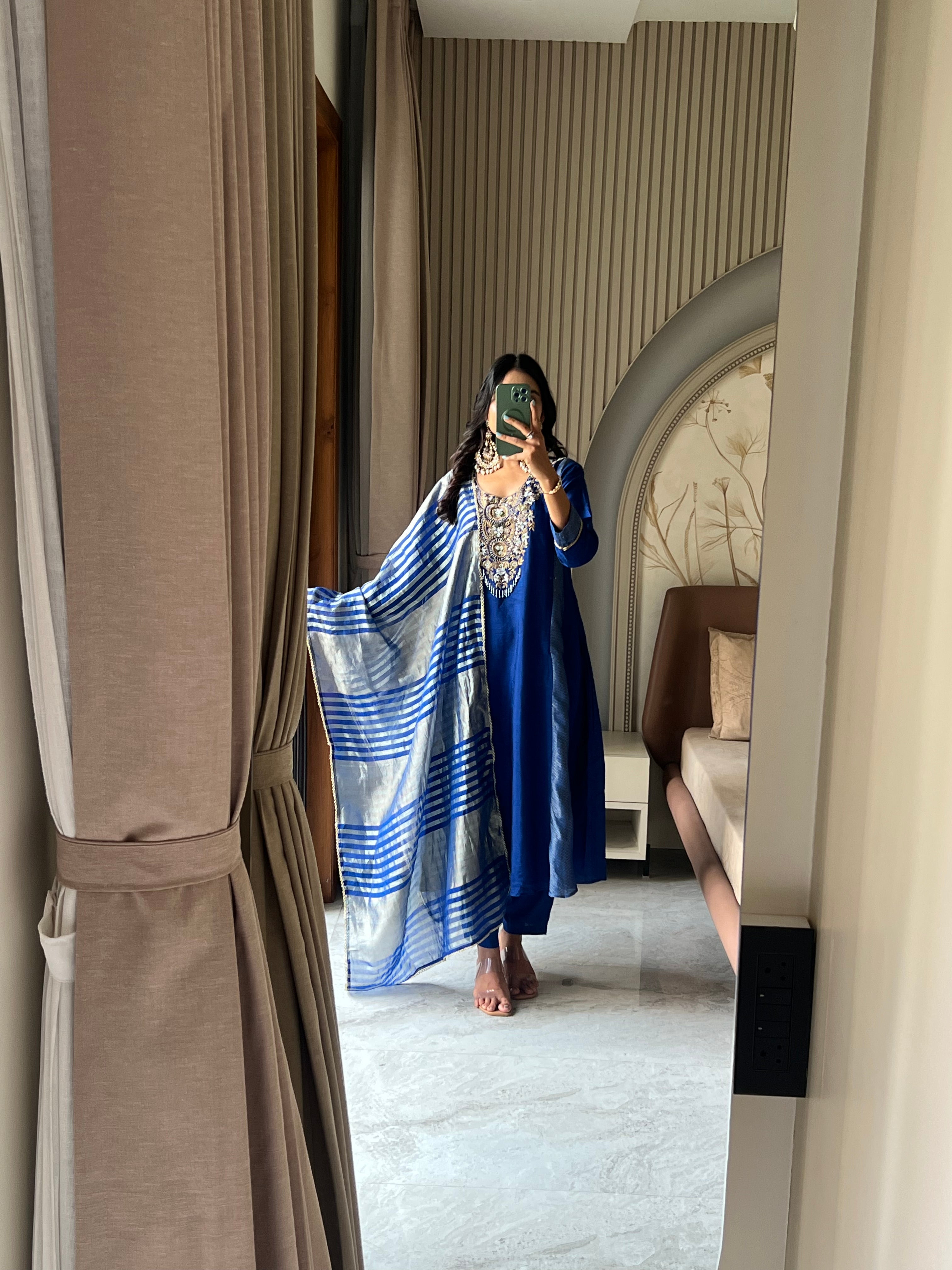 Royal blue suit set with striped dupatta