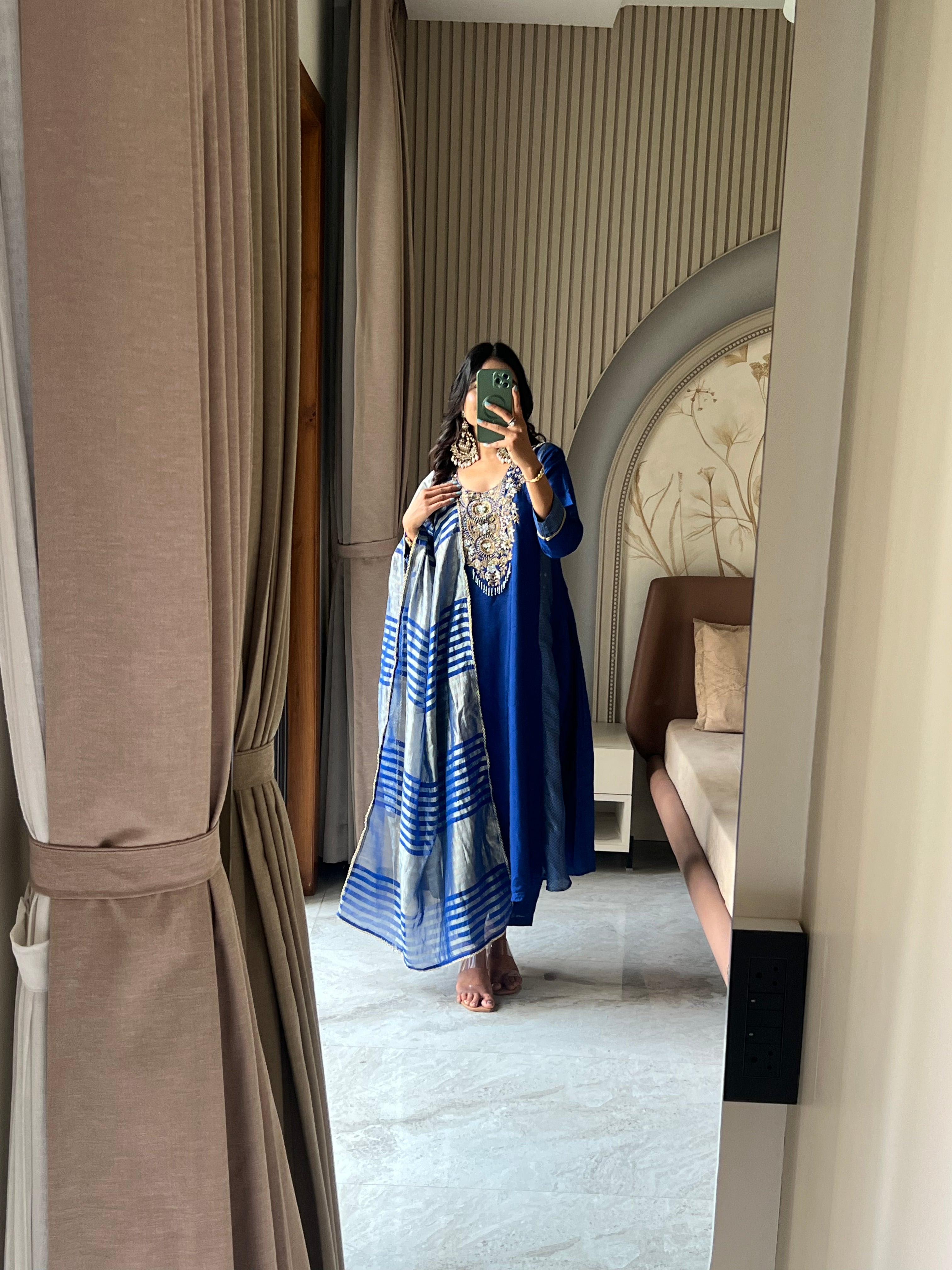 Royal blue suit set with striped dupatta