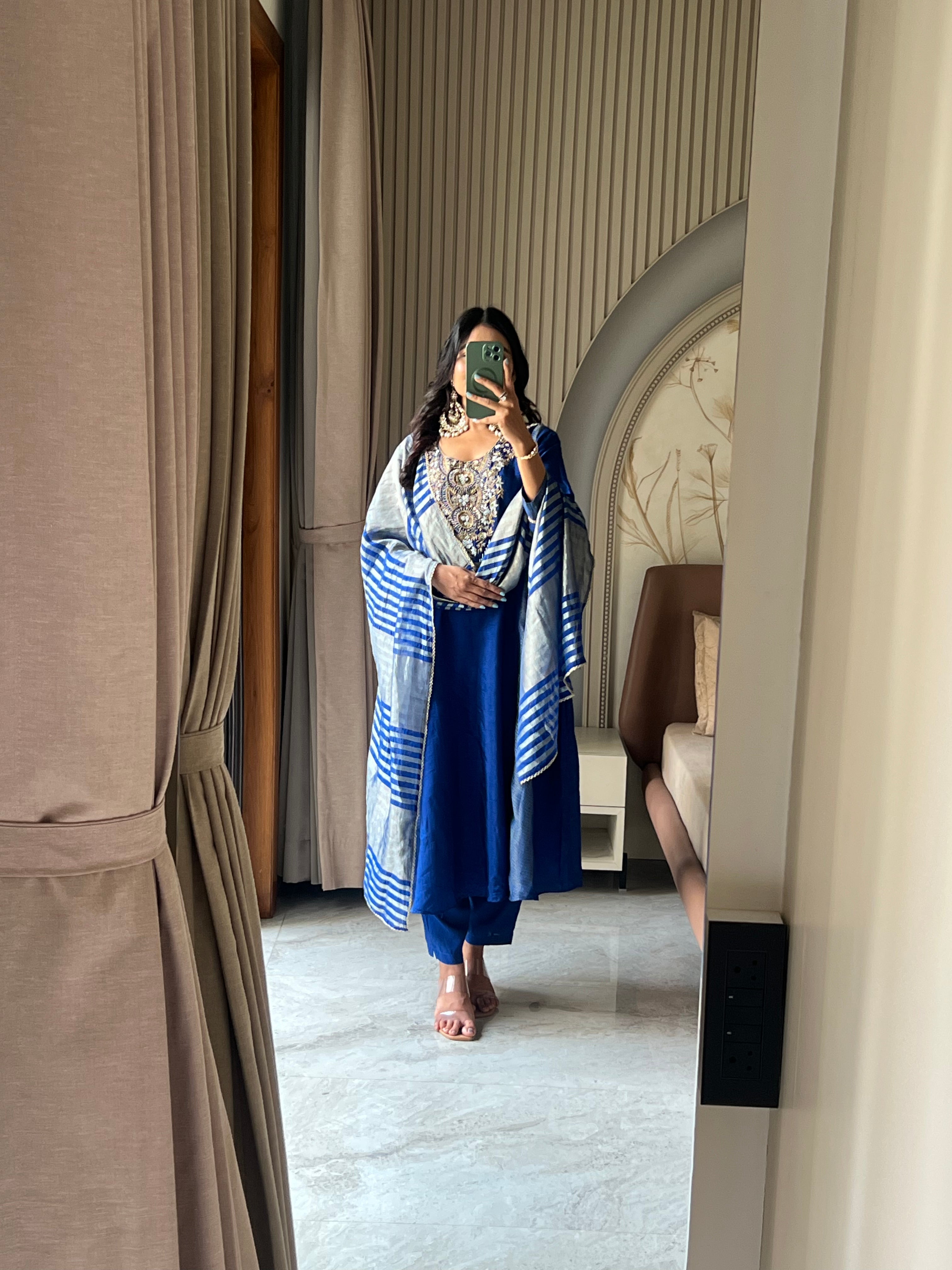 Royal blue suit set with striped dupatta