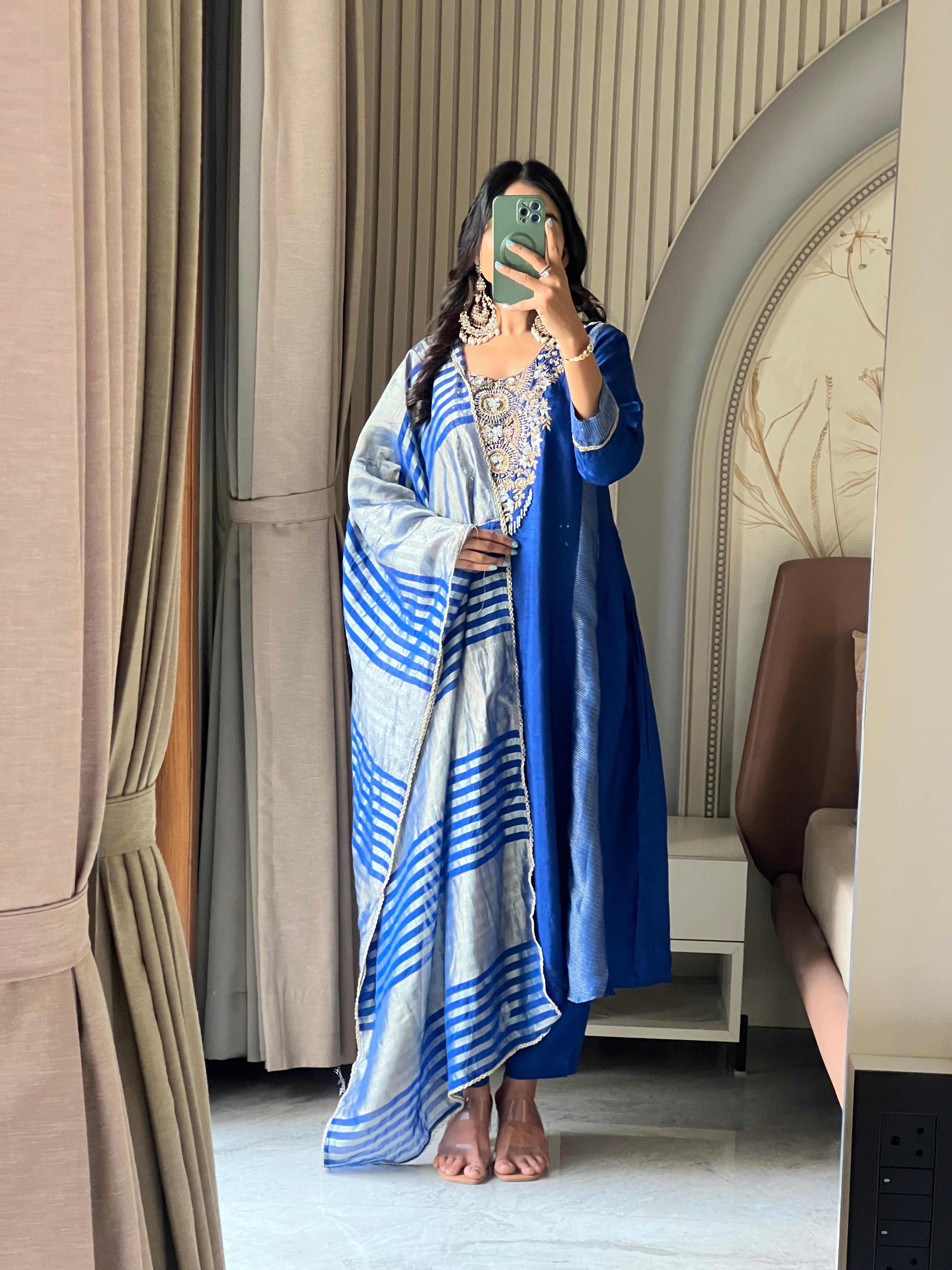 Royal blue suit set with striped dupatta