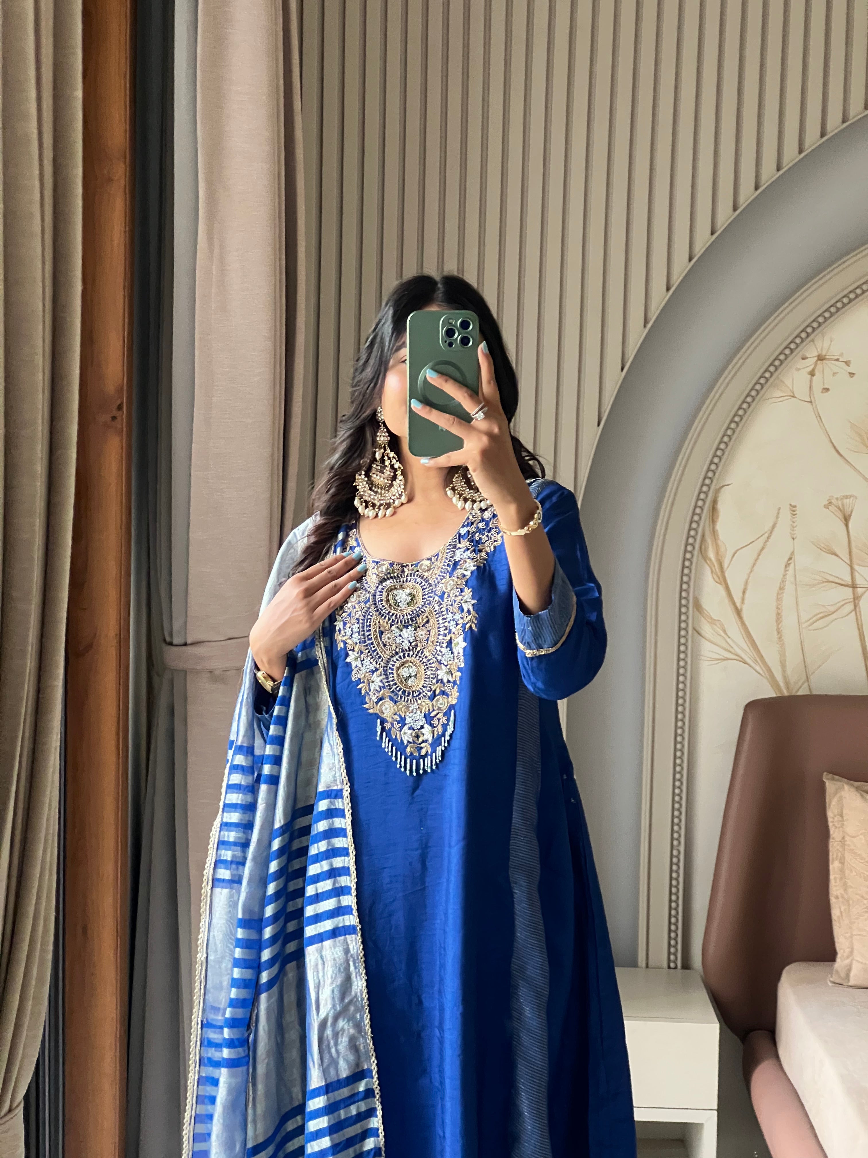 Royal blue suit set with striped dupatta