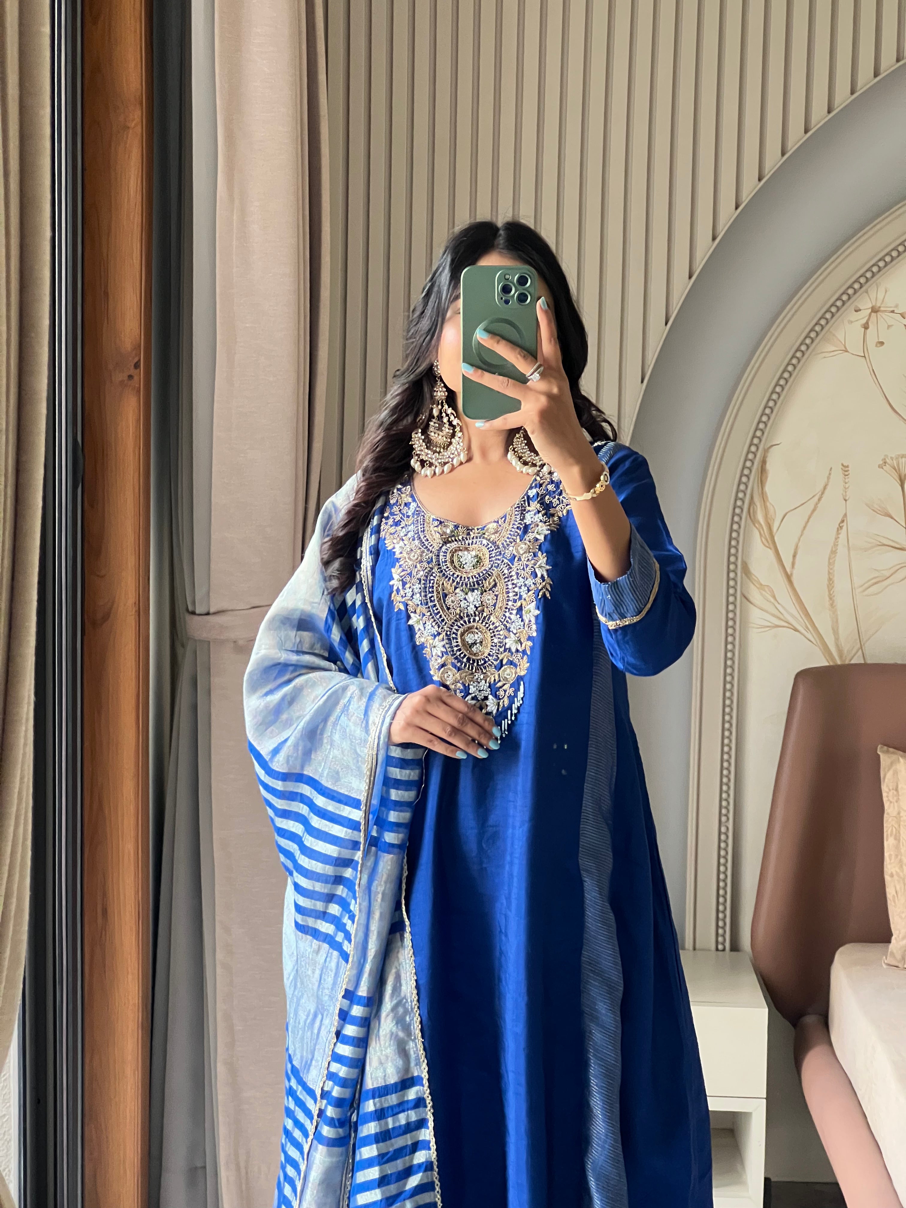 Royal blue suit set with striped dupatta