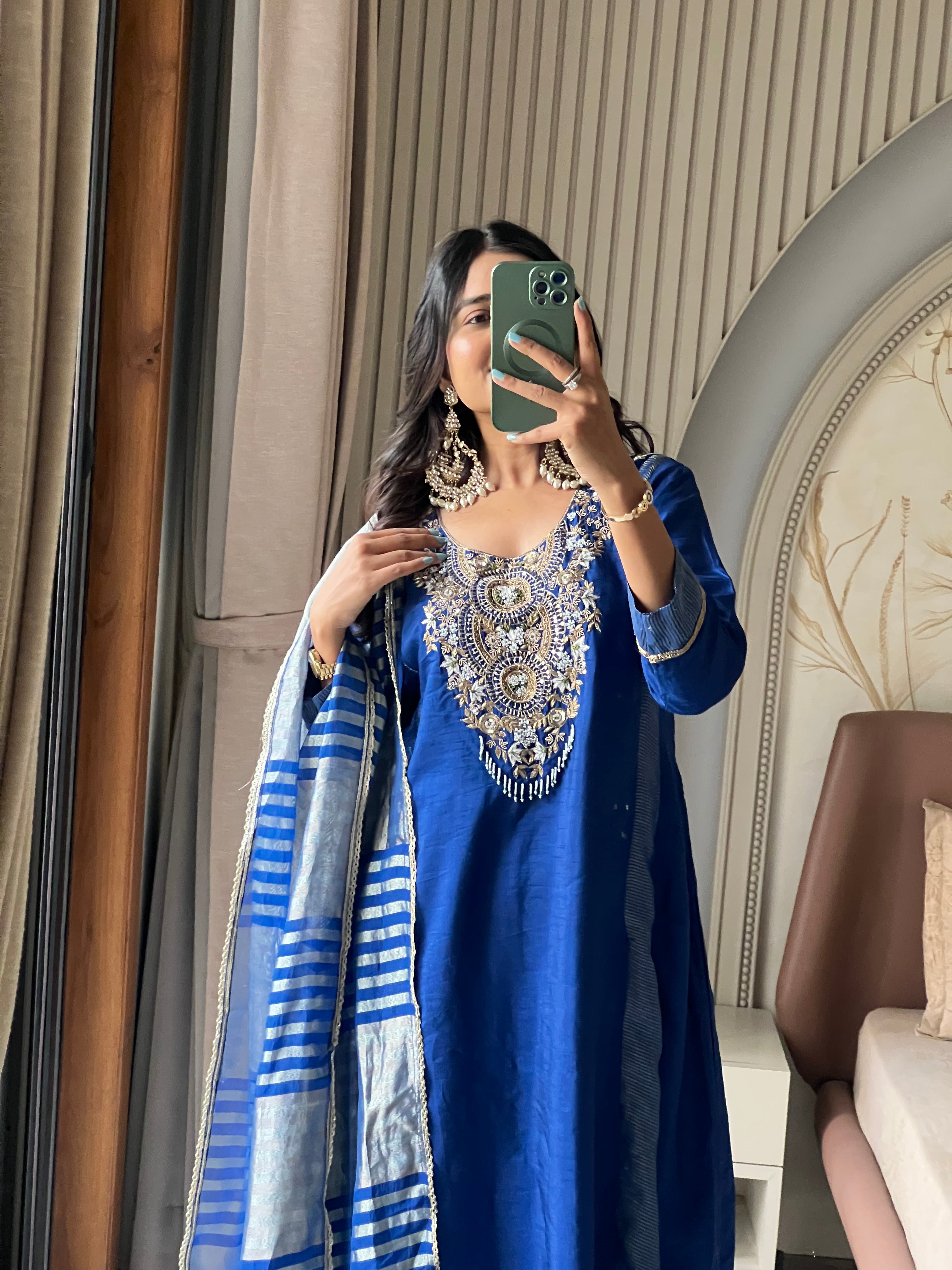 Royal blue suit set with striped dupatta