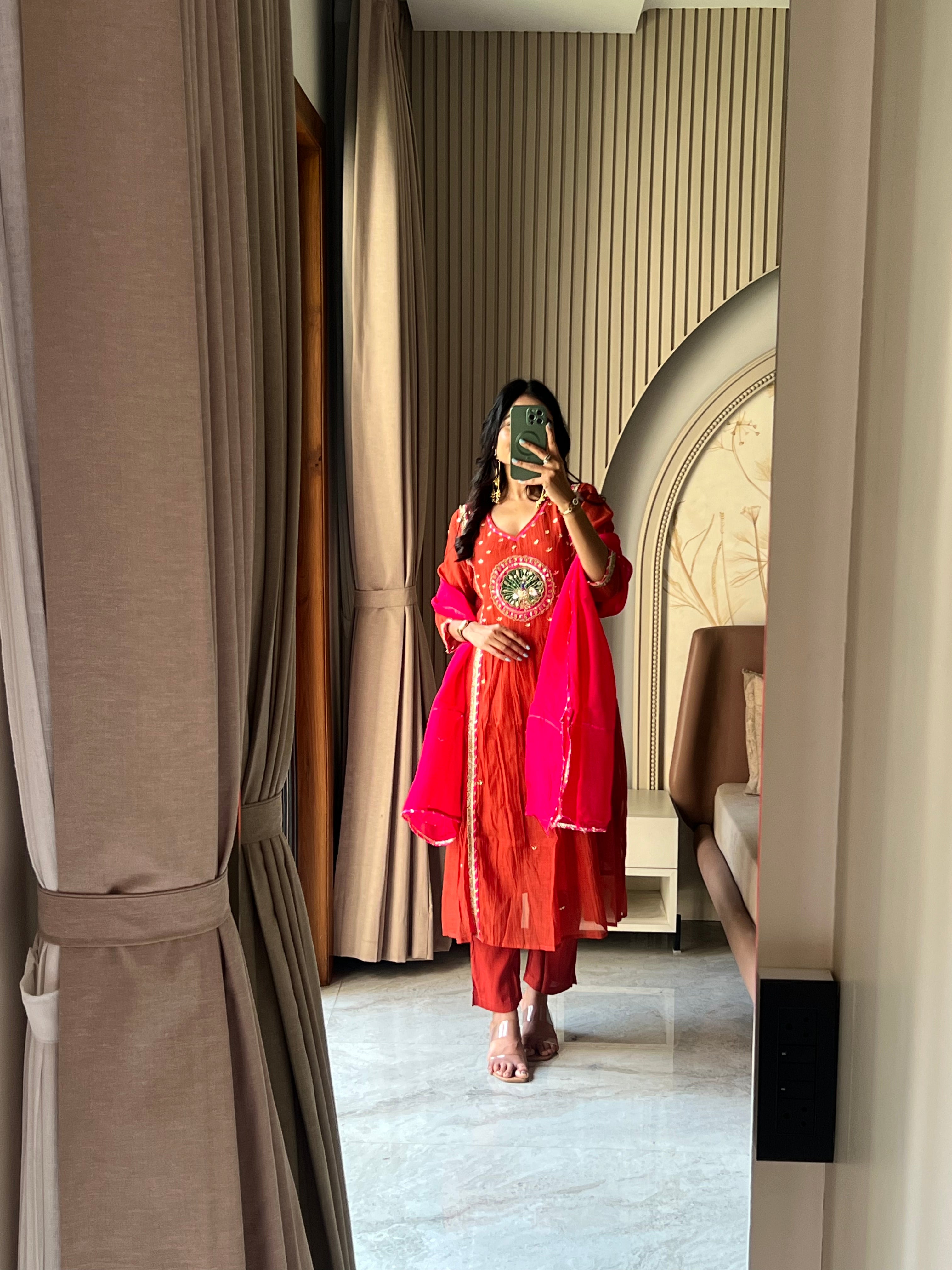 Orange Mul chanderi suit set