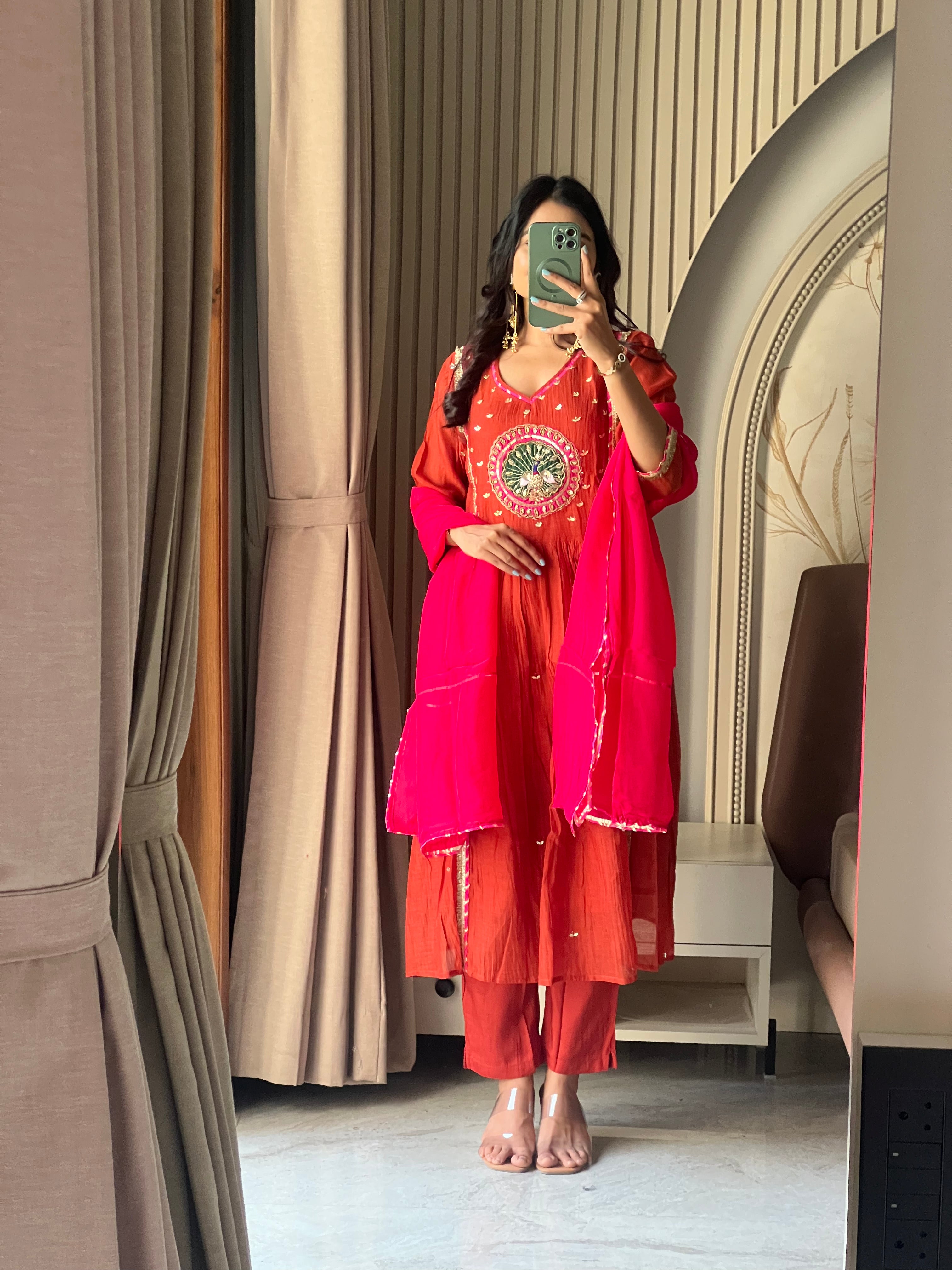 Orange Mul chanderi suit set