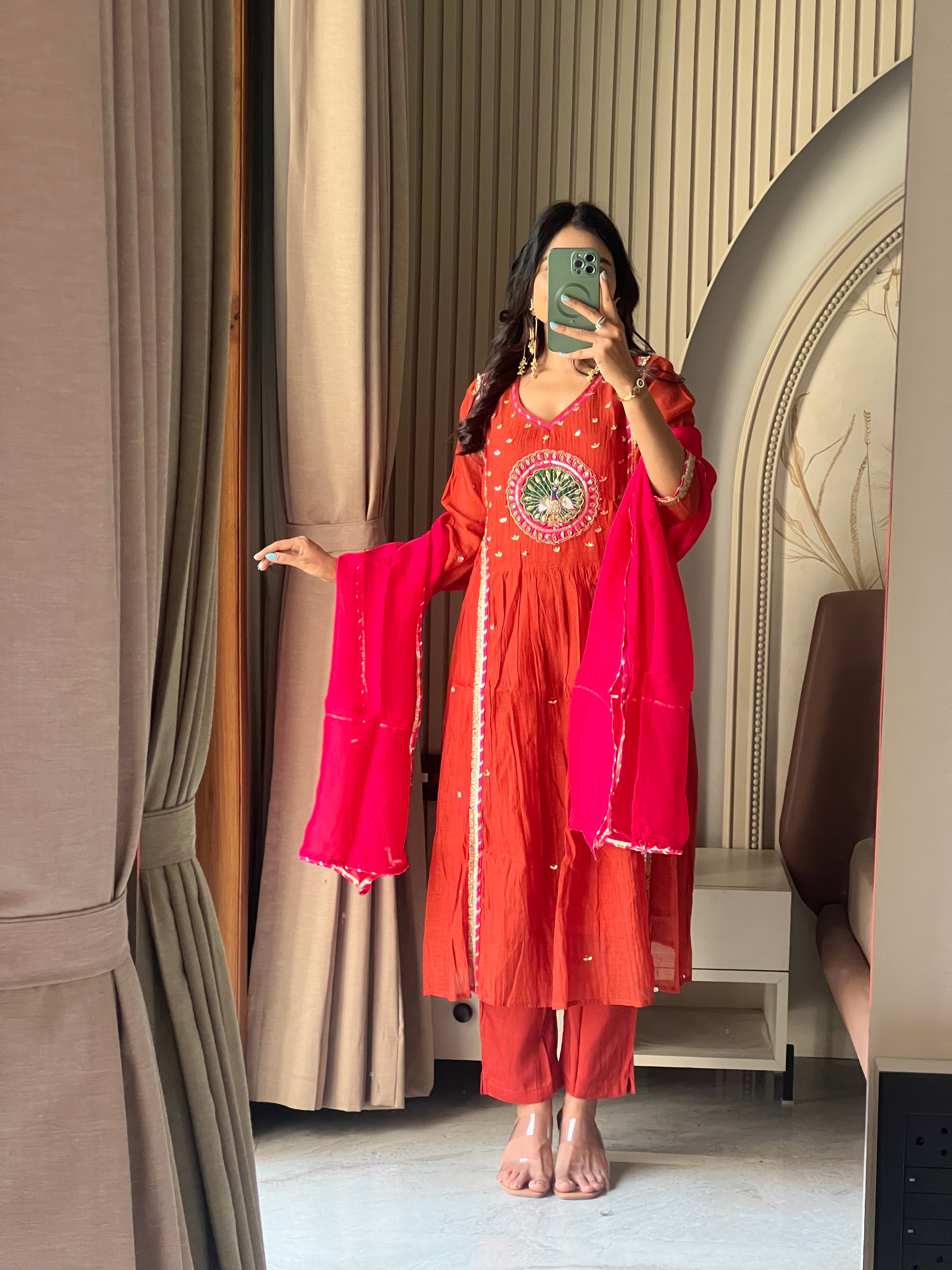 Orange Mul chanderi suit set