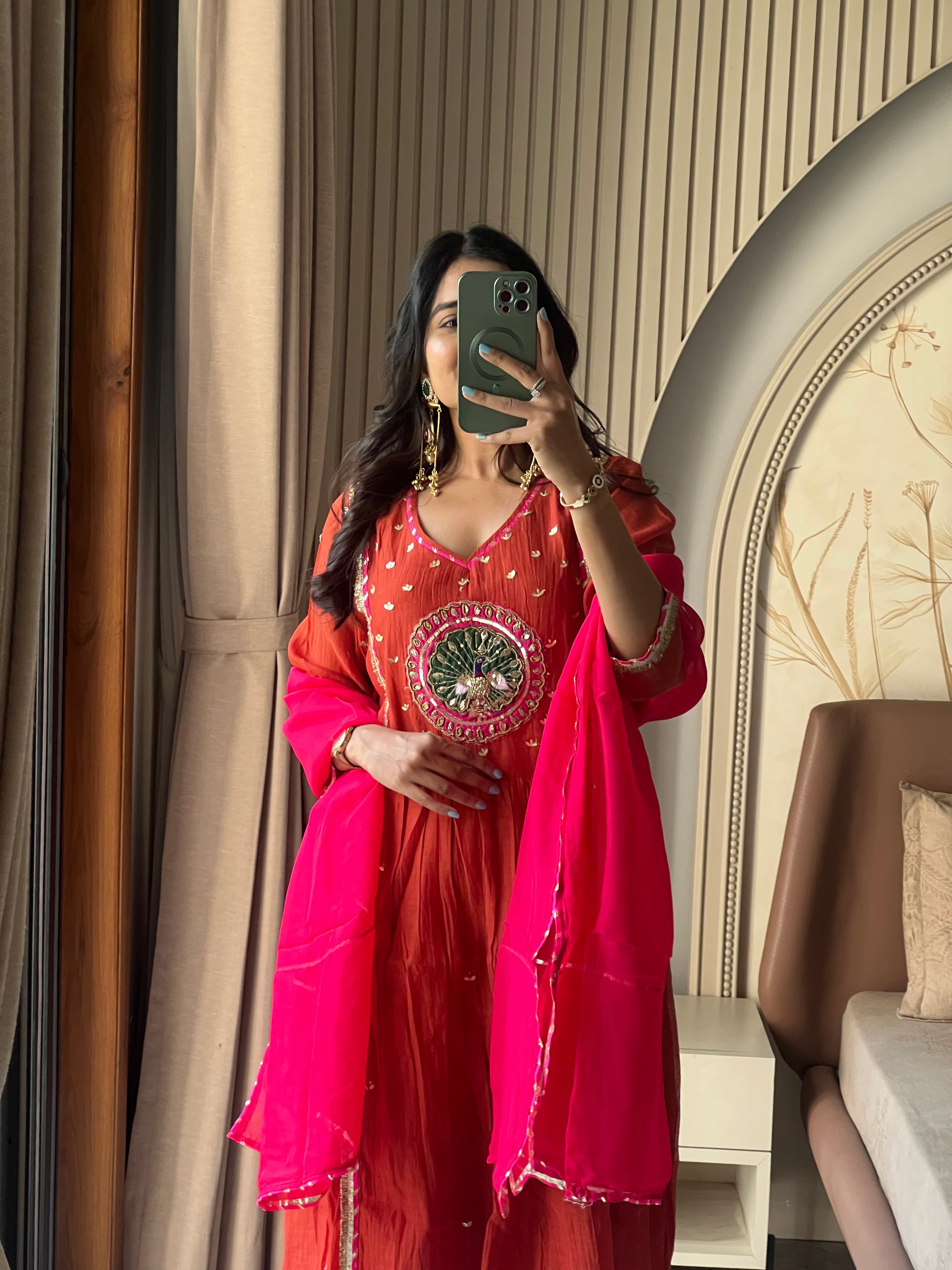 Orange Mul chanderi suit set