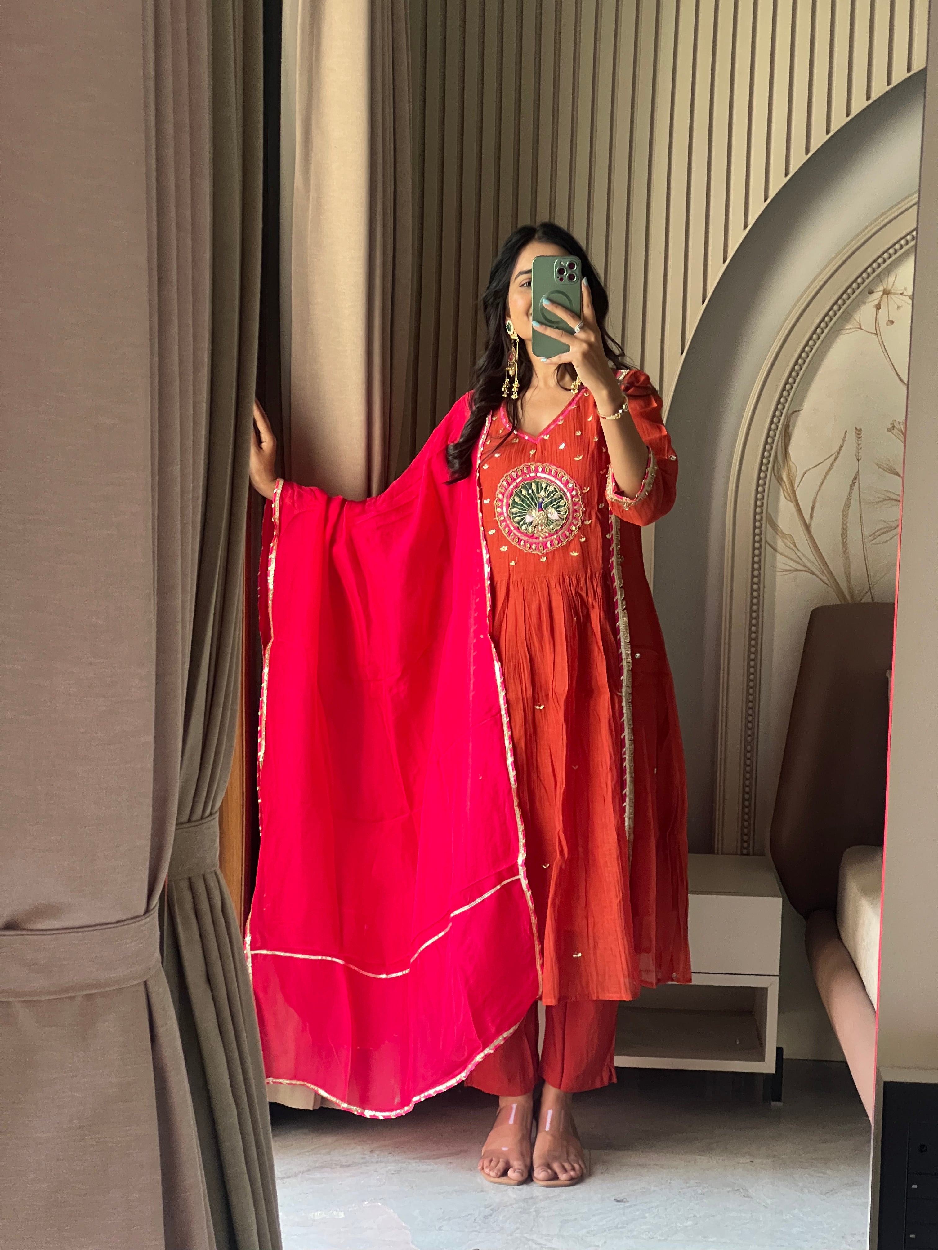 Orange Mul chanderi suit set