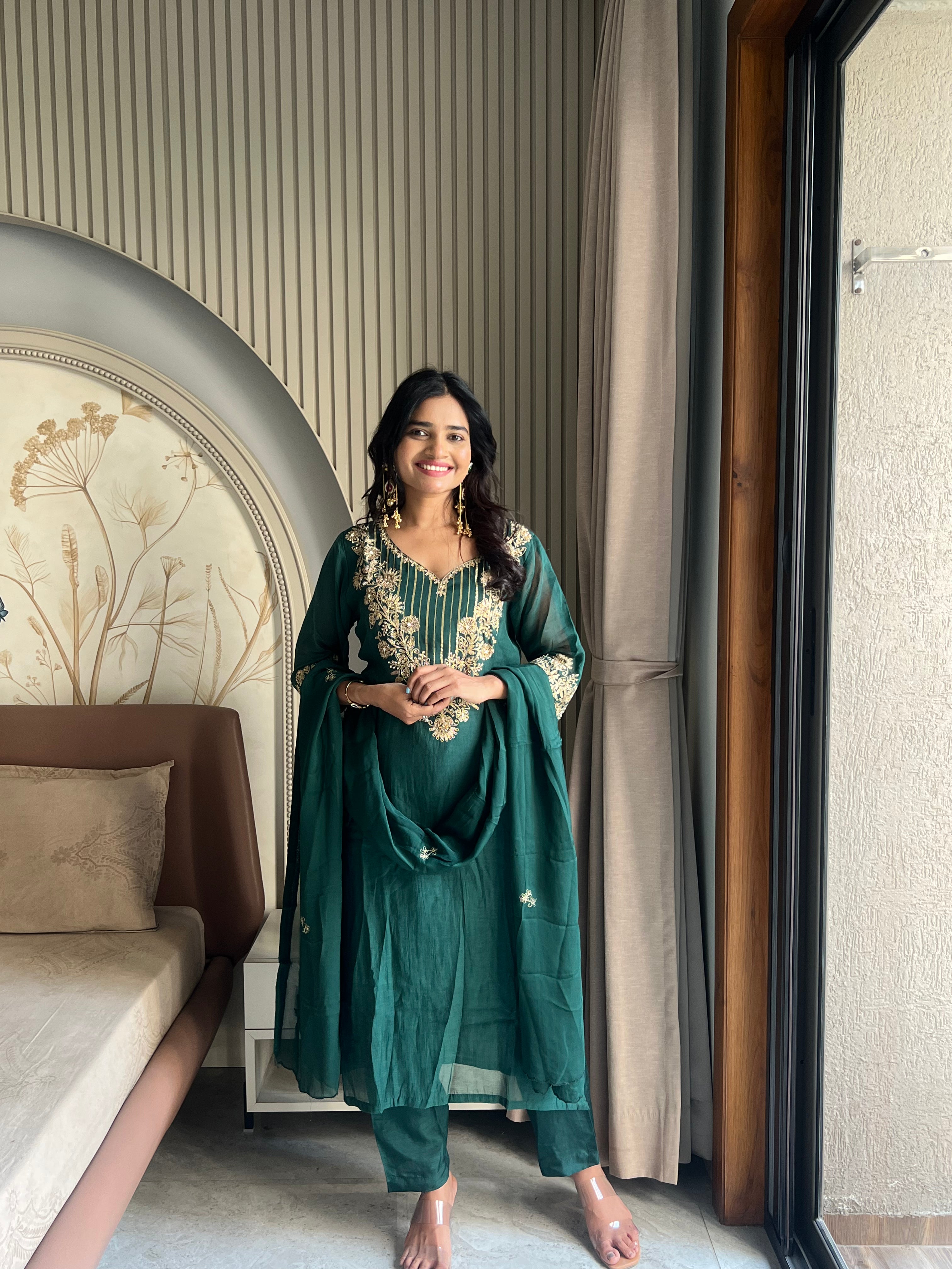 Mul chanderi Green suit set
