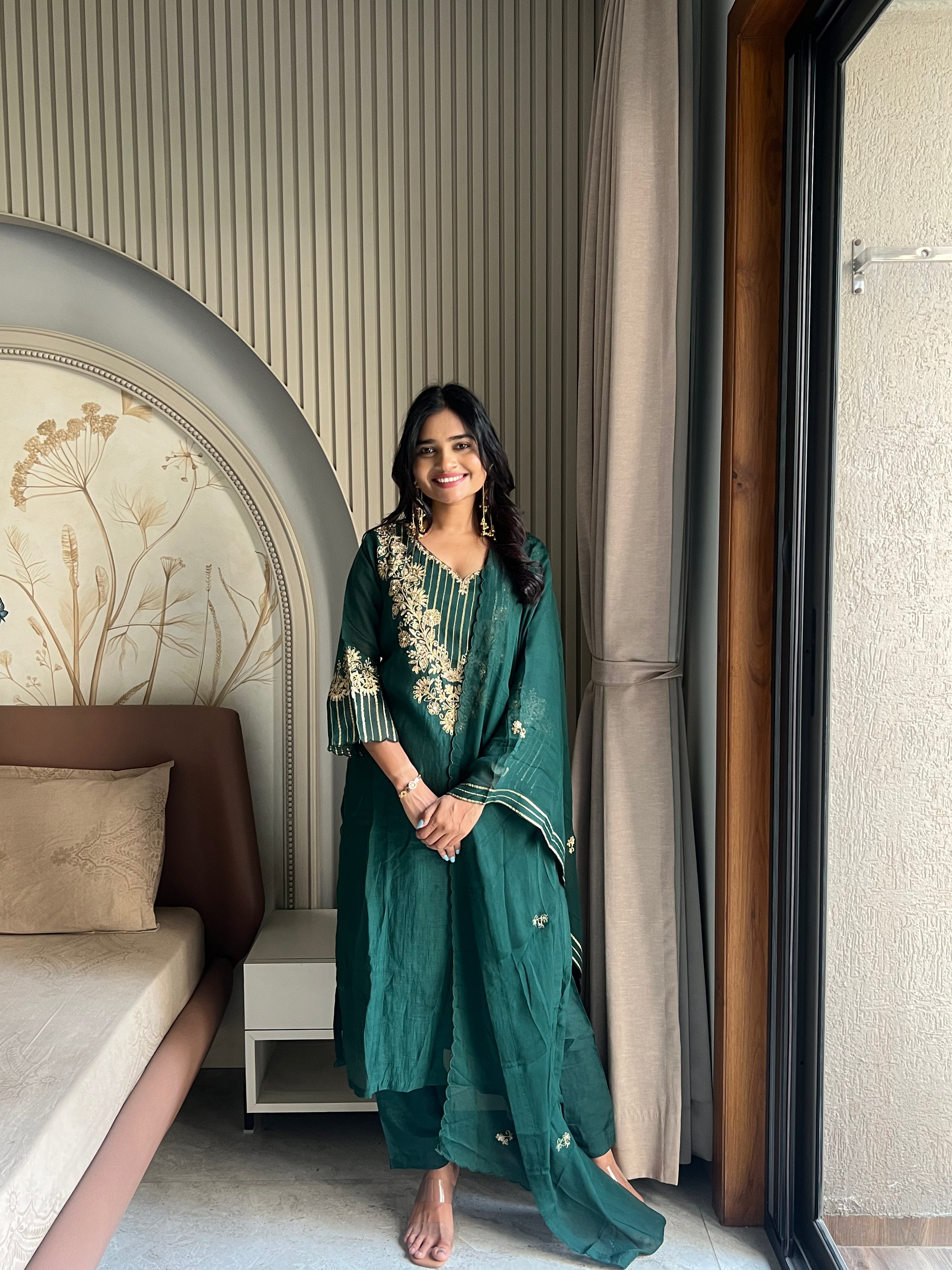 Mul chanderi Green suit set