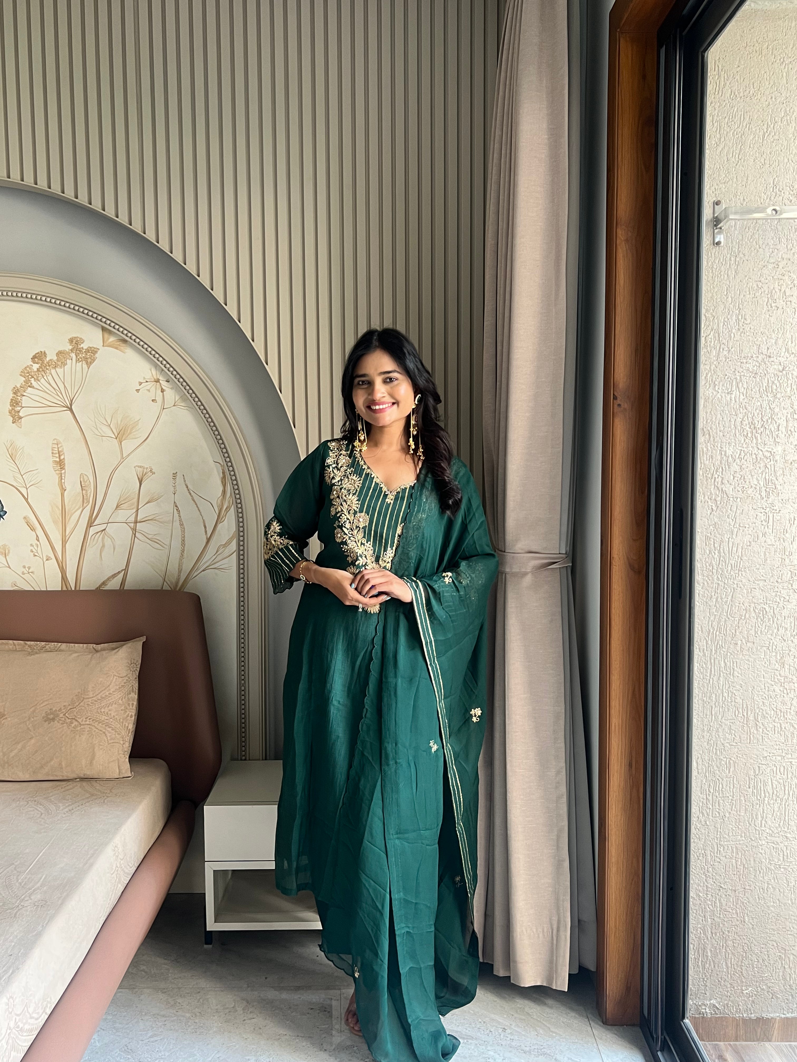 Mul chanderi Green suit set